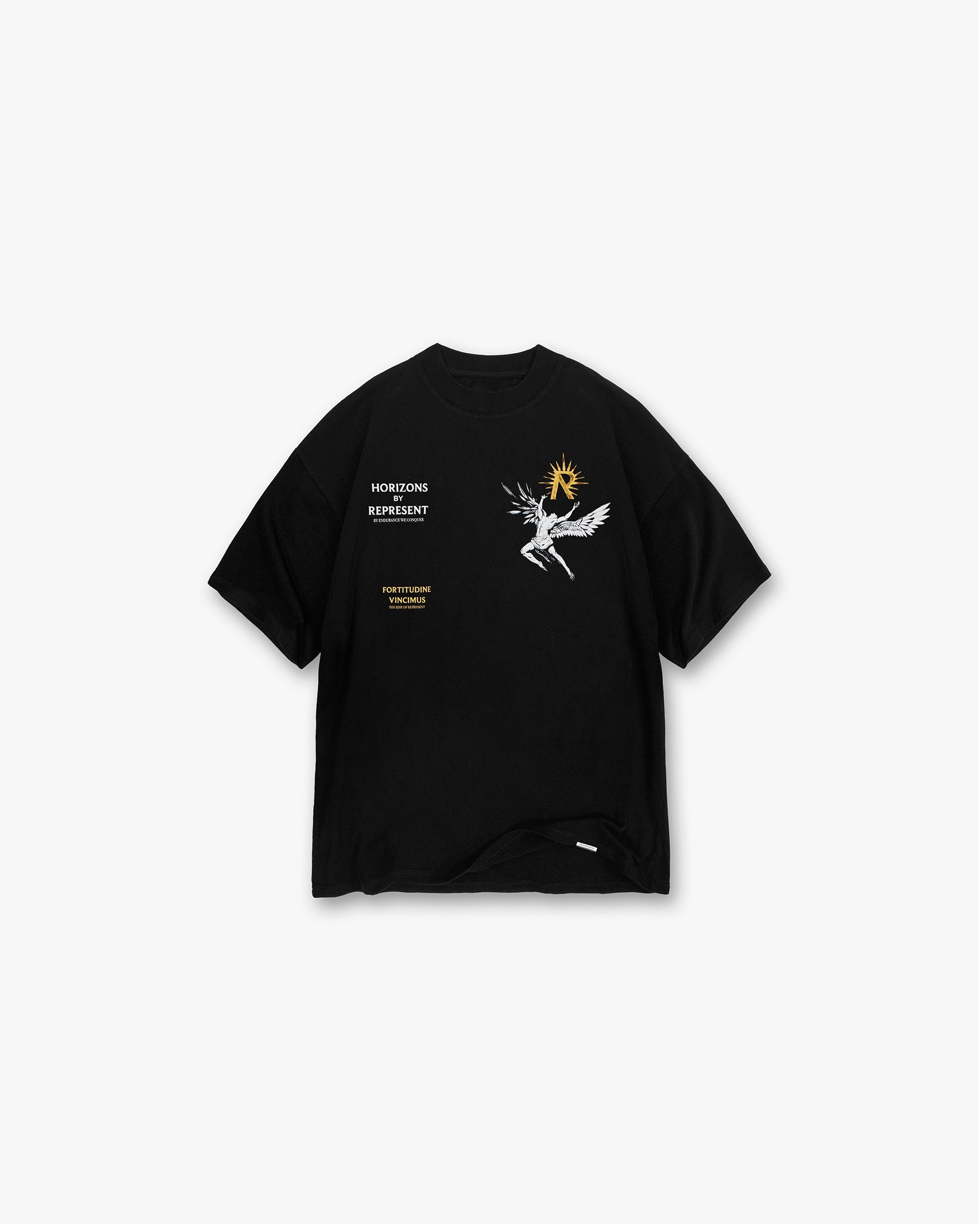 Front product image of a mens black t-shirt on a plain white background | Icarus T-Shirt in Jet Black | T-Shirt with slightly oversized fit and metal bar logo | SS24 T-Shirts | Represent Clo