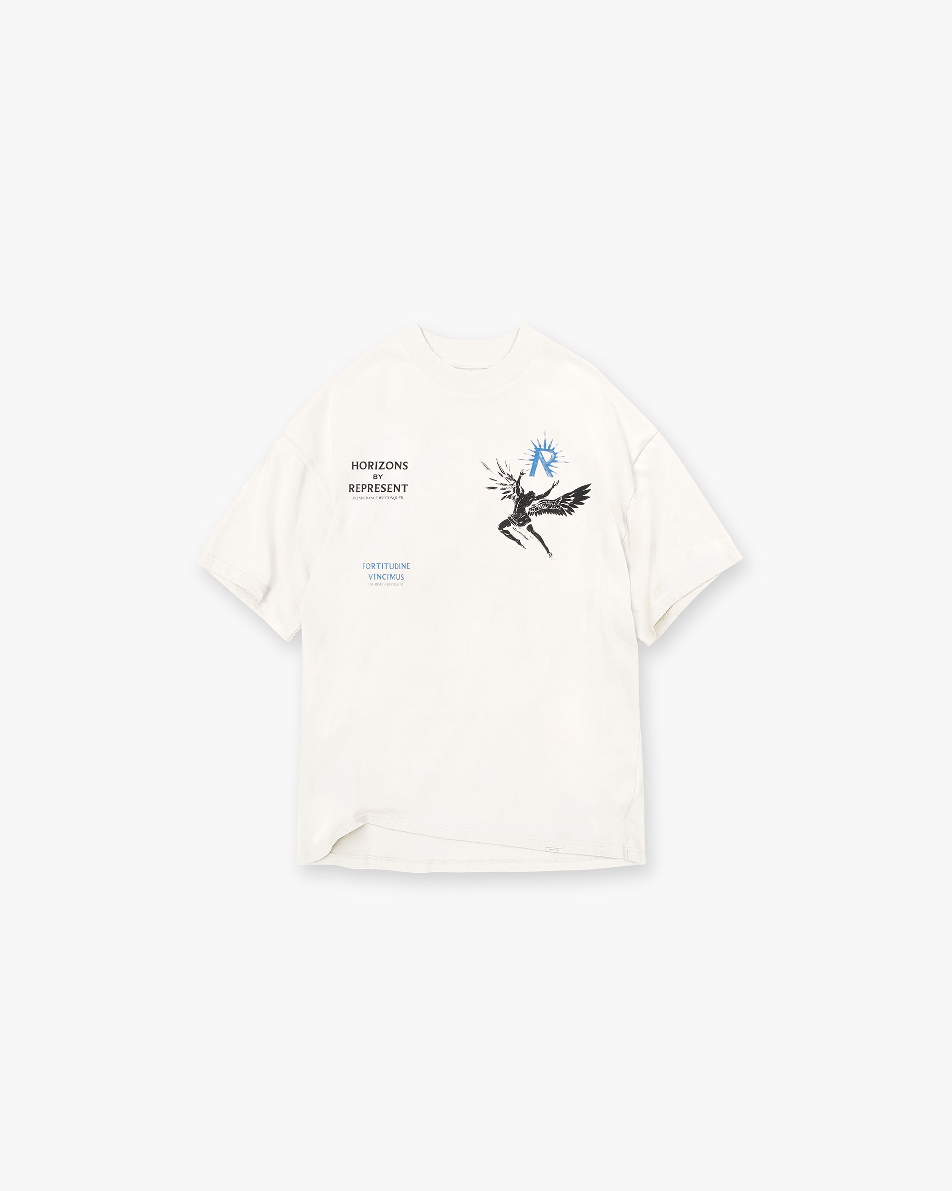 Front product image of a mens white t-shirt on a plain white background | Icarus T-Shirt in Flat White | Classic design t-shirt | SS24 T-Shirts | Represent Clo