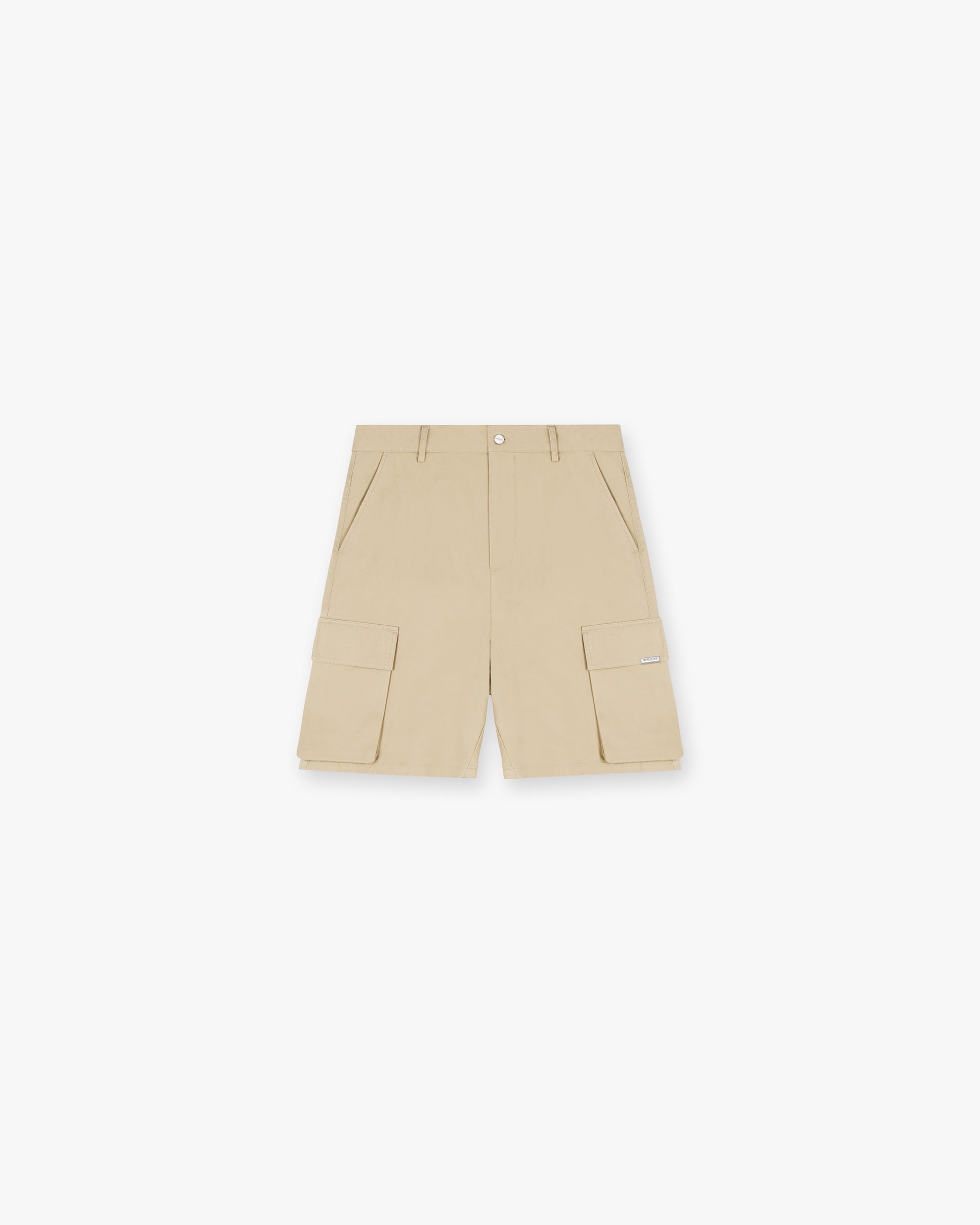 Front product image of mens beige shorts on a plain white background | Baggy Cotton Cargo Short in Sandstone | Cotton cargo shorts with a baggy fit | SS24 Shorts | Represent Clo