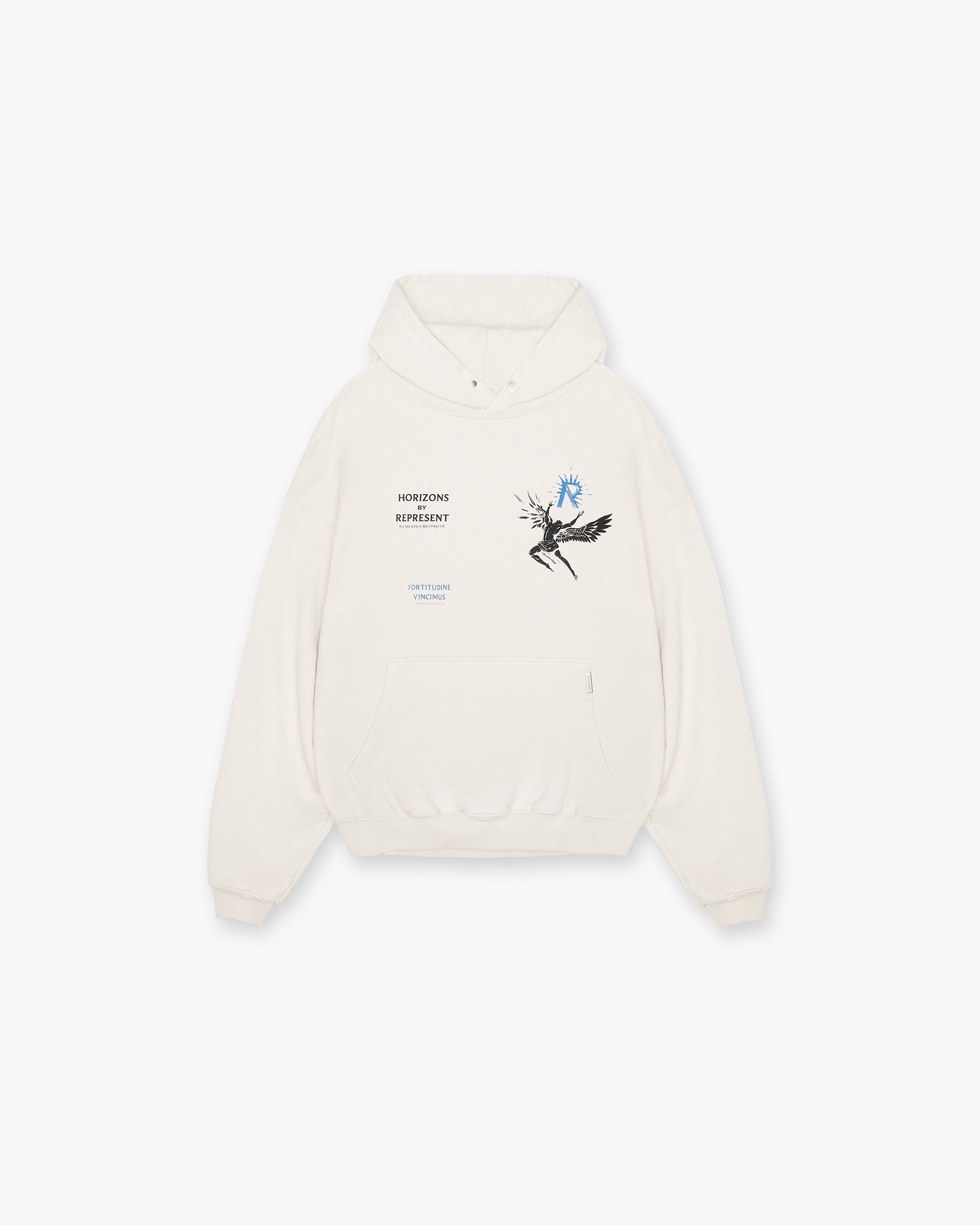 Front product image of a mens white hoodie on a plain white background | Icarus Hoodie in Flat White | Medium weight cotton hoodie with relaxed fit | SS24 Hoodies | Represent Clo