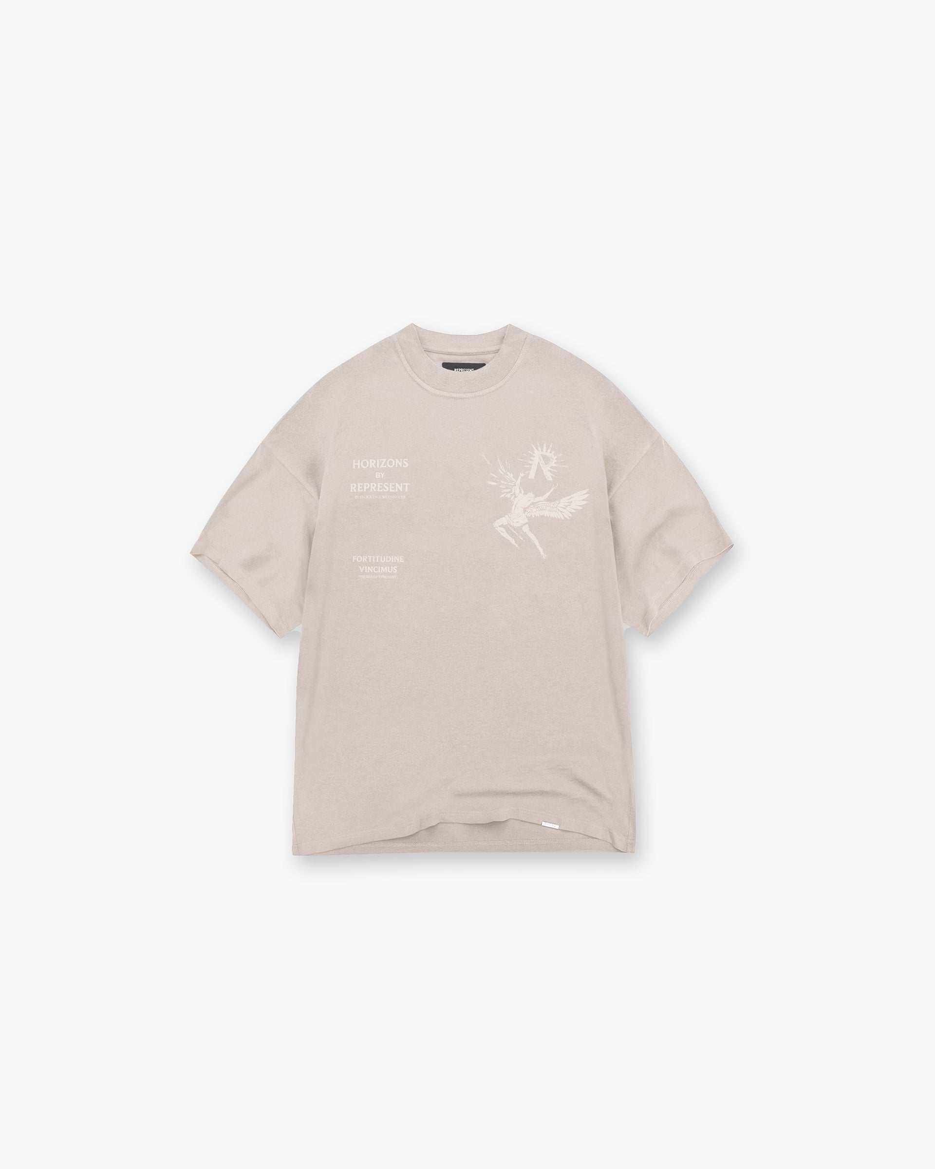 Front product image of a mens taupe t-shirt on a plain white background | Icarus T-Shirt in Taupe | Oversized t-shirt with external overlock seams | SS24 T-Shirts | Represent Clo