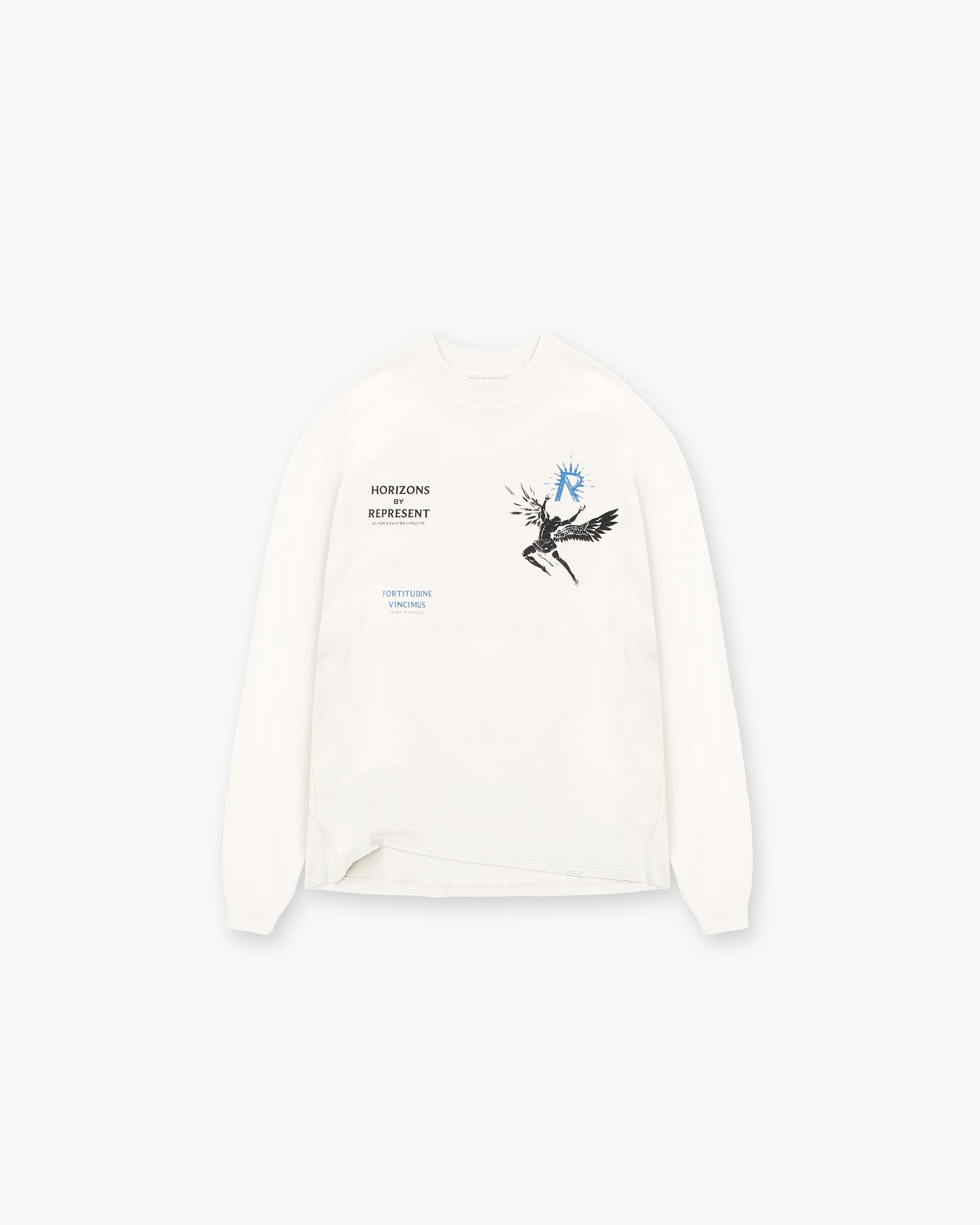 Front product image of a mens white long sleeve t-shirt on a plain white background | Icarus Long Sleeve T-Shirt in Flat White | Long sleeve t-shirt with minimalist design | SS24 T-Shirts | Represent Clo