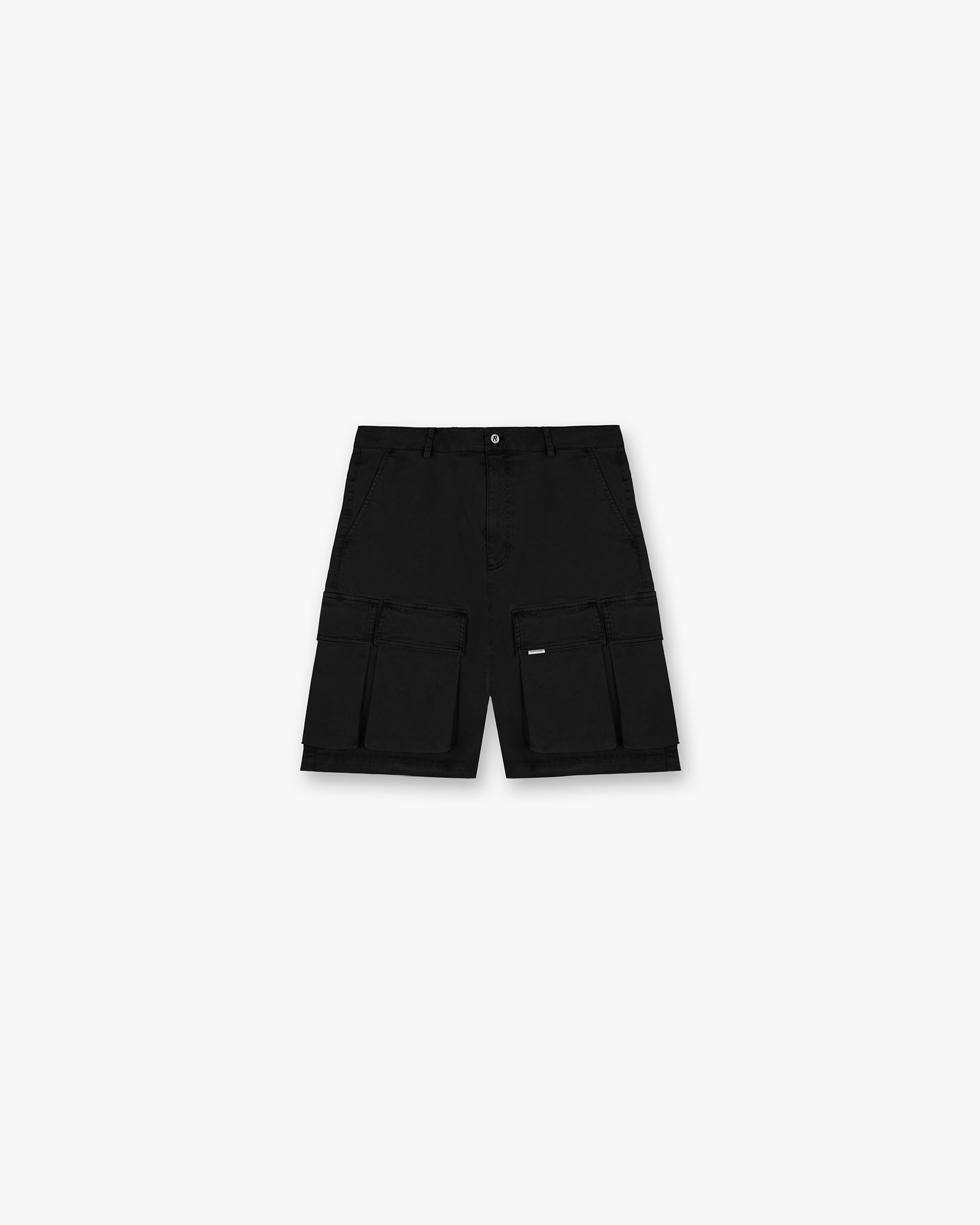 Front product image of mens black shorts on a plain white background | Baggy Cotton Cargo Short in Black | Cargo shorts with multiple pockets | SS24 Shorts | Represent Clo