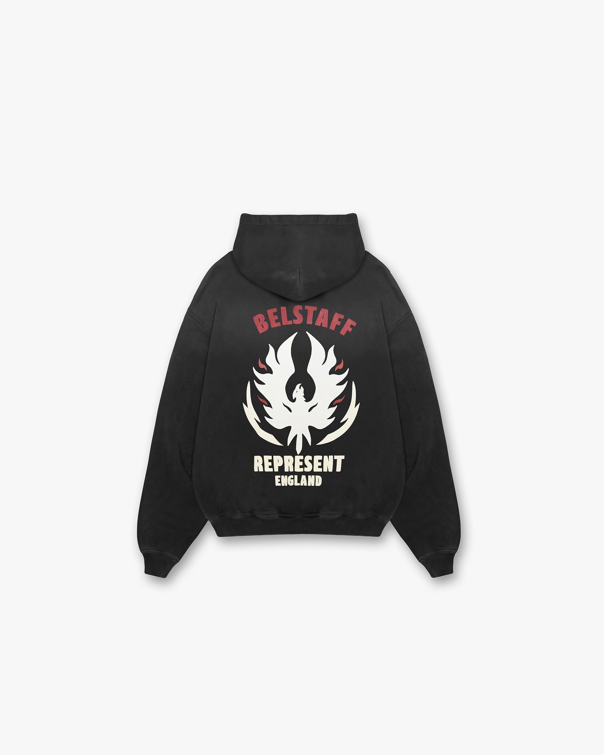 Back product image of a mens black hoodie on a plain white background | Represent X Belstaff Flame Phoenix Hoodie in Shadow | Hoodies with stylised logos | Exclusives Hoodies | Represent Clo