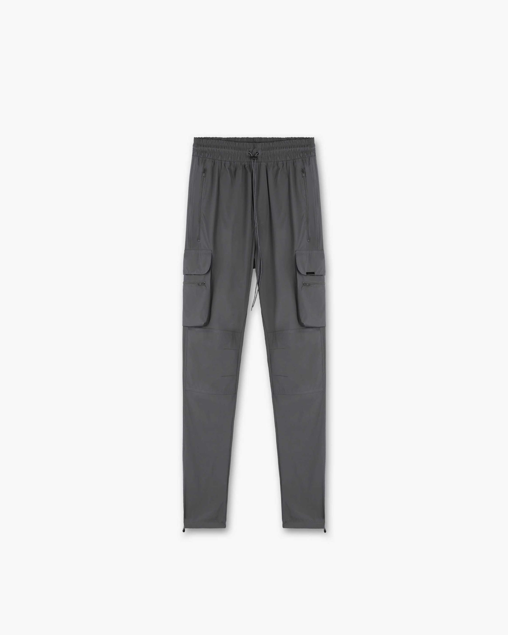Front product image of a mens grey pant on a plain white background | 247 Pant in Grey | Lightweight nylon pants with elasticated cuffs | 247 Pants | Represent Clo