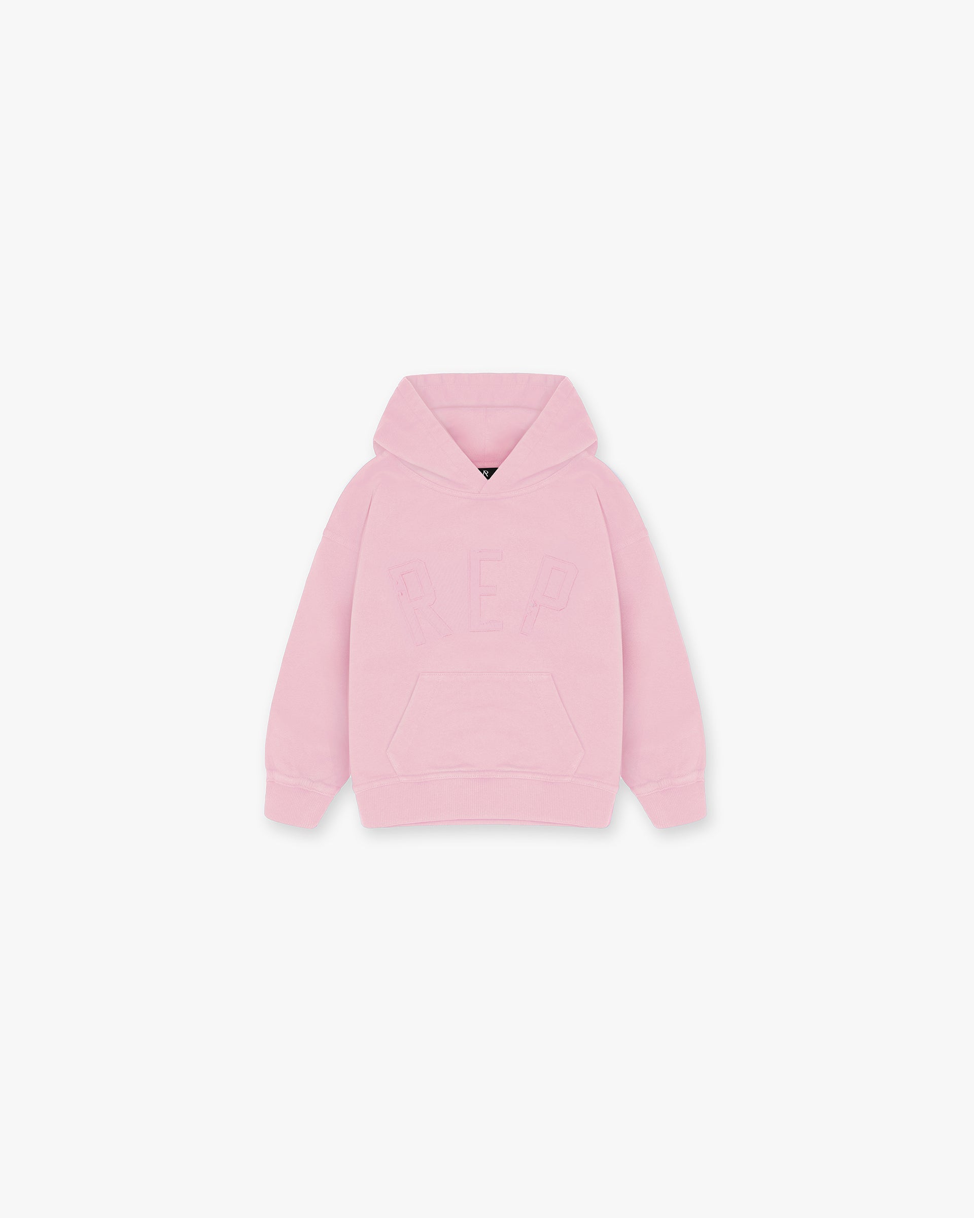 Front product image of a childs pink hoodie on a plain white background | Mini Rep Applique Hoodie in Candy Pink | Oversized childs hoodie with applique detailing | FW24 Hoodies | Represent Clo