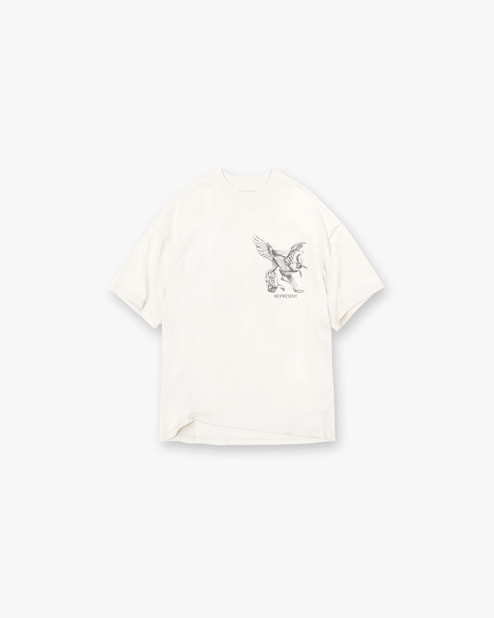 Front product image of a mens white t-shirt on a plain white background | Elegance In Motion T-Shirt in Flat White | Slightly oversized t-shirt with ribbed detailing | SS25 T-Shirts | Represent Clo