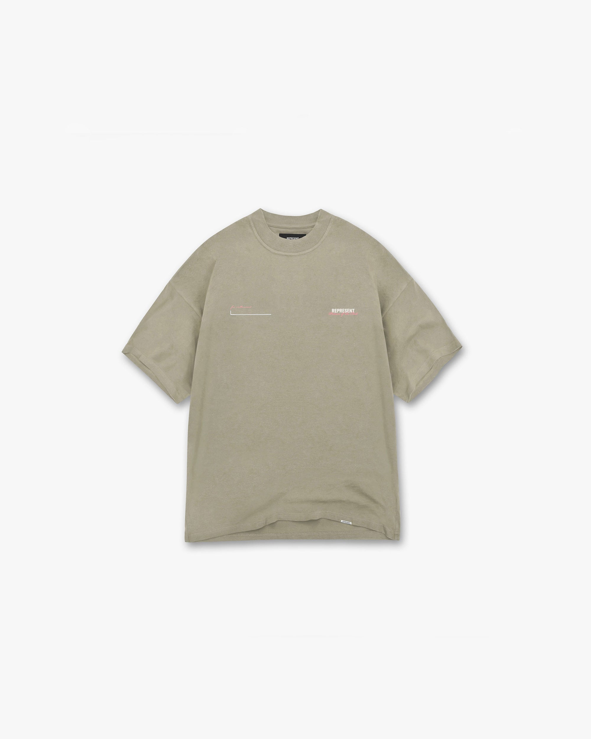 Front product image of a mens khaki pink t-shirt on a plain white background | Patron Of The Club T-Shirt in Khaki Pink | Oversized t-shirt with cracked Horizons graphic | Patrons T-Shirts | Represent Clo