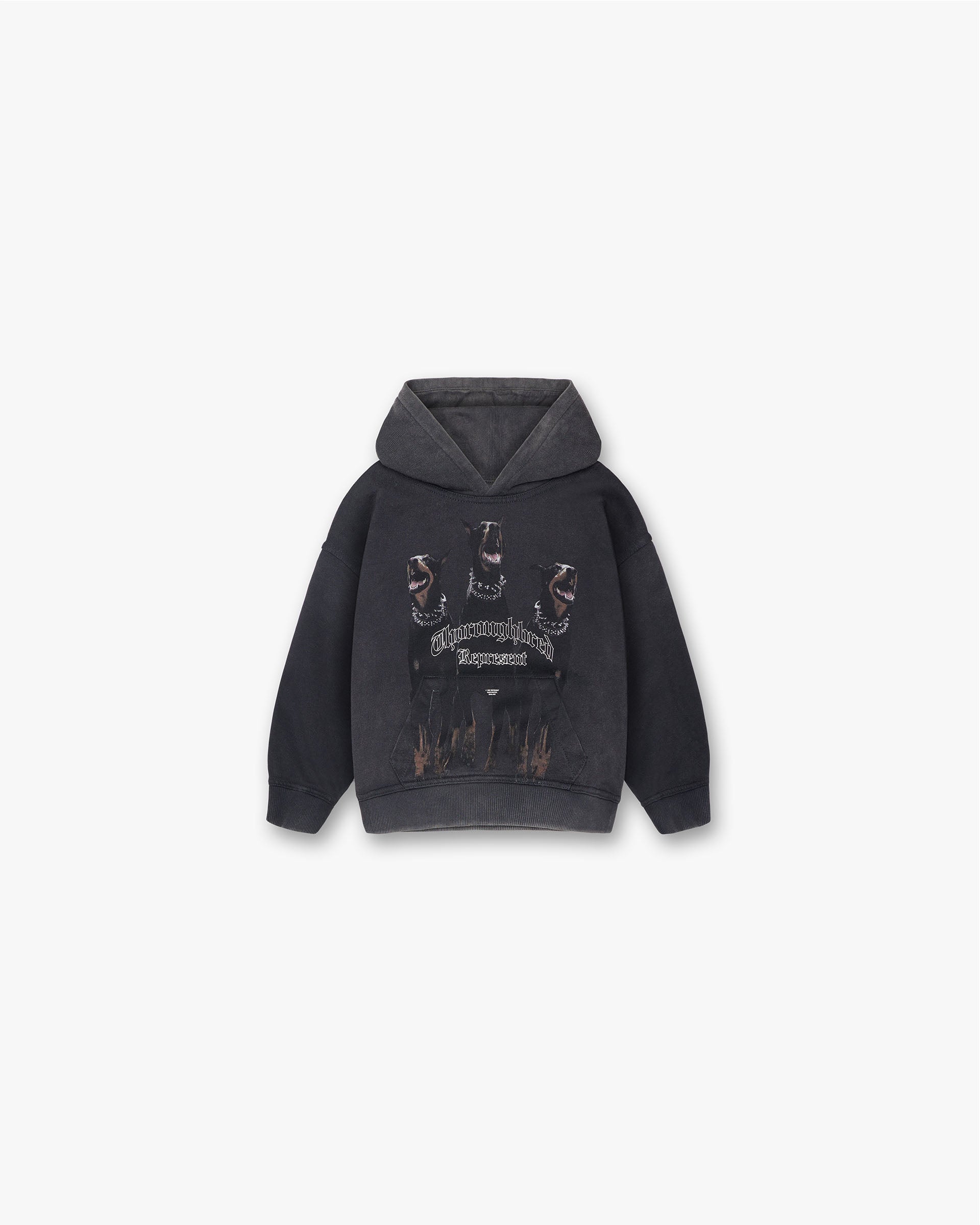 Front product image of a childs black hoodie on a plain white background | Mini Thoroughbred Hoodie in Vintage Black | Graphic hoodie for kids | Mini Hoodies | Represent Clo