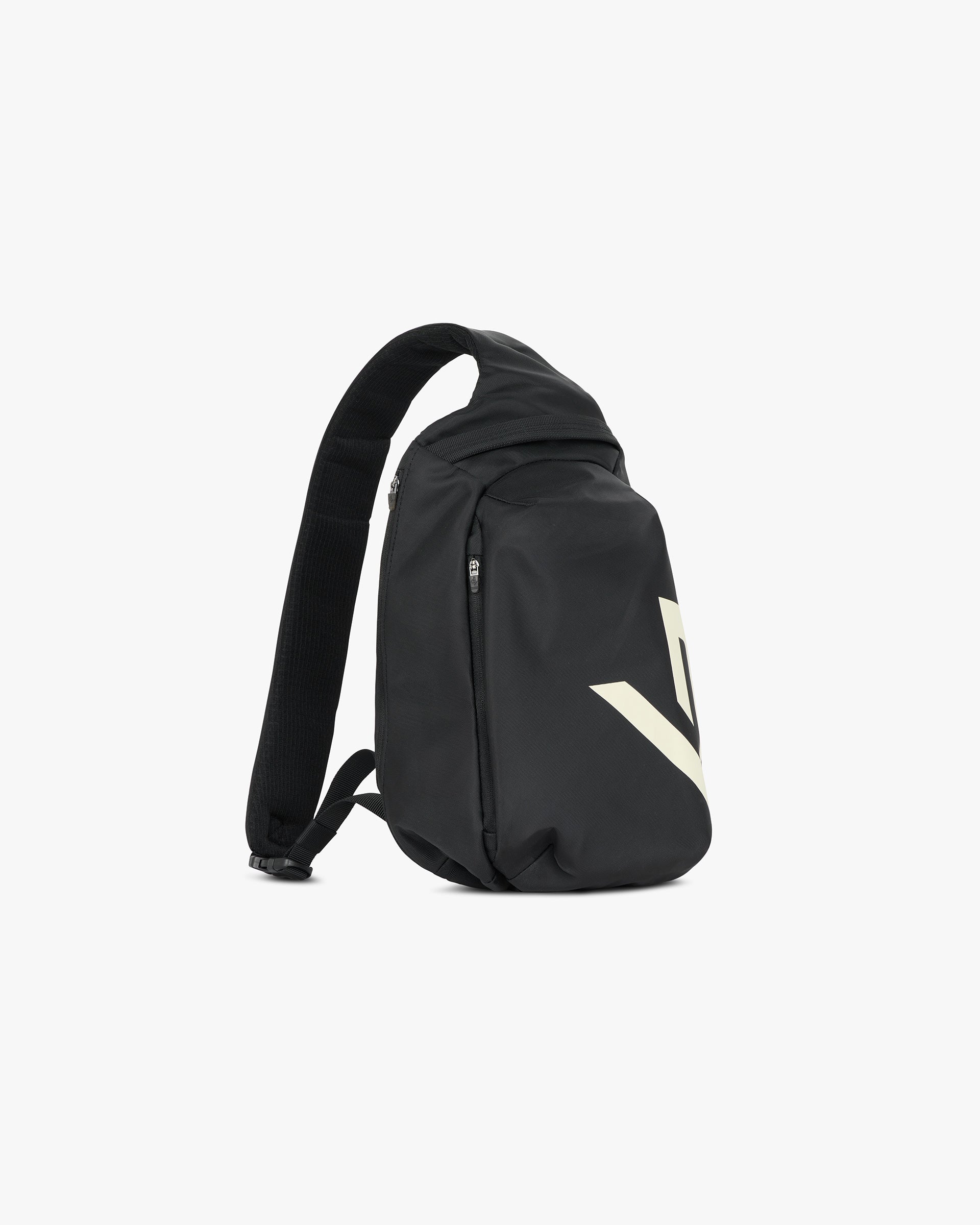 Back product image of a mens black sling bag on a plain white background | 247 Sling Bag in Black | Sling bag with 2 zip pockets and adjustable padded strap | 247 Accessories | Represent Clo