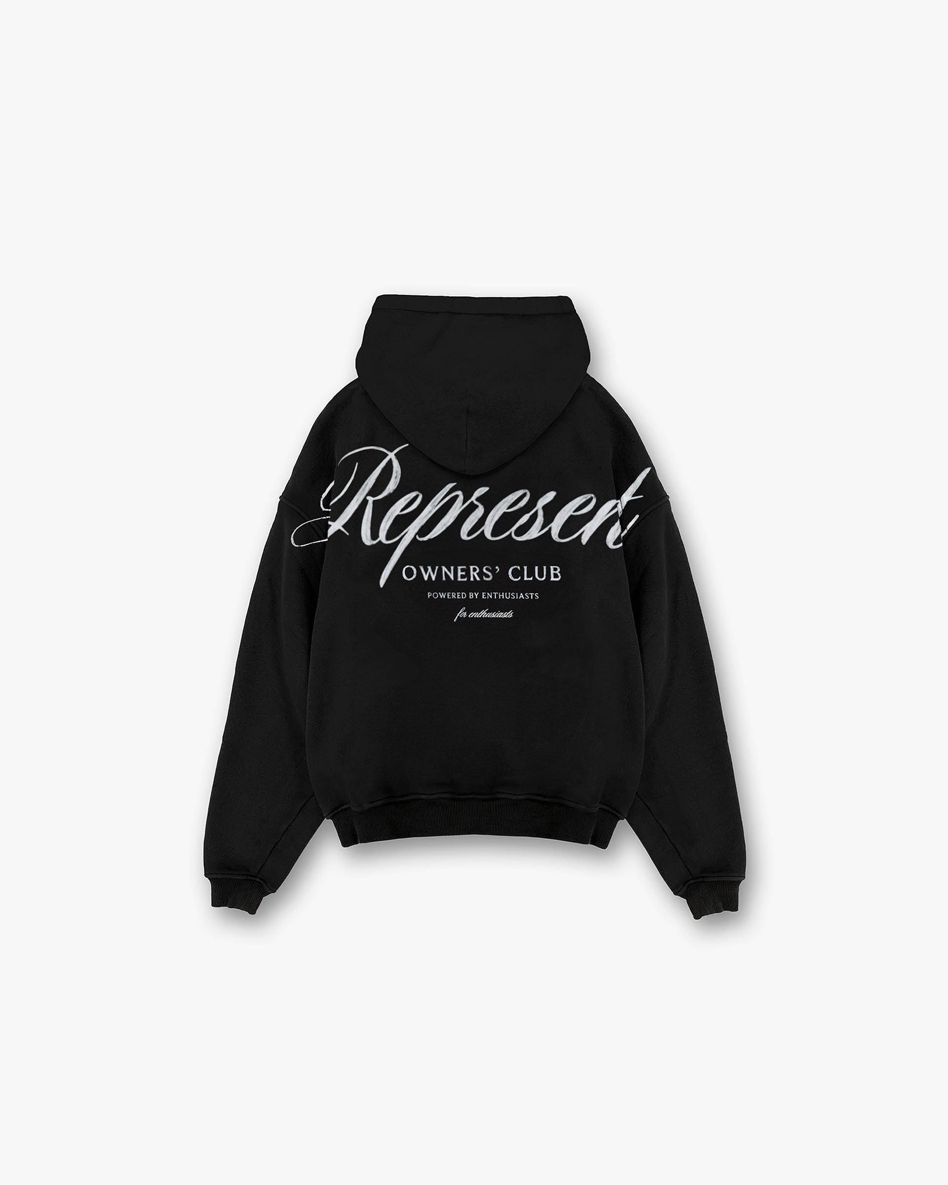 Front product image of a mens black hoodie on a plain white background | Represent Owners Club Script Hoodie in Black | Soft hand feel hoodie in oversized fit | Owners Club Hoodies | Represent Clo