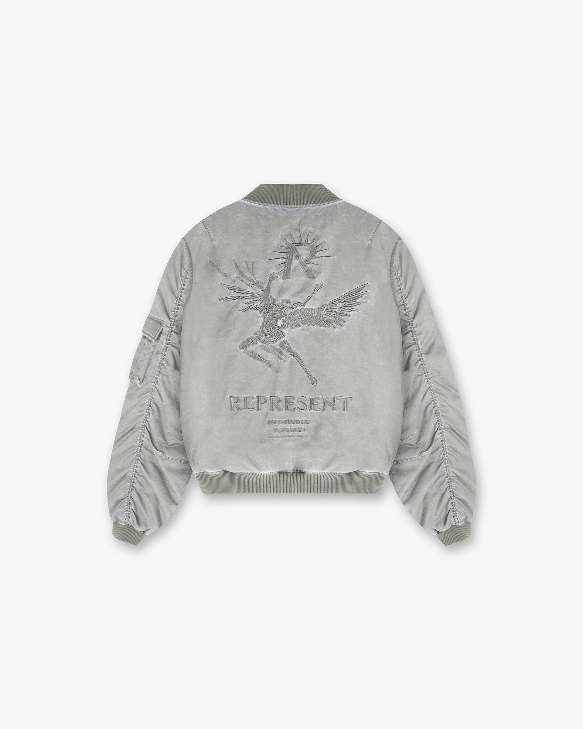 Back product image of a mens khaki bomber jacket on a plain white background | Icarus Flight Bomber in Khaki | Bomber jacket with sleeve gathering and zip pockets | SS24 Outerwear | Represent Clo
