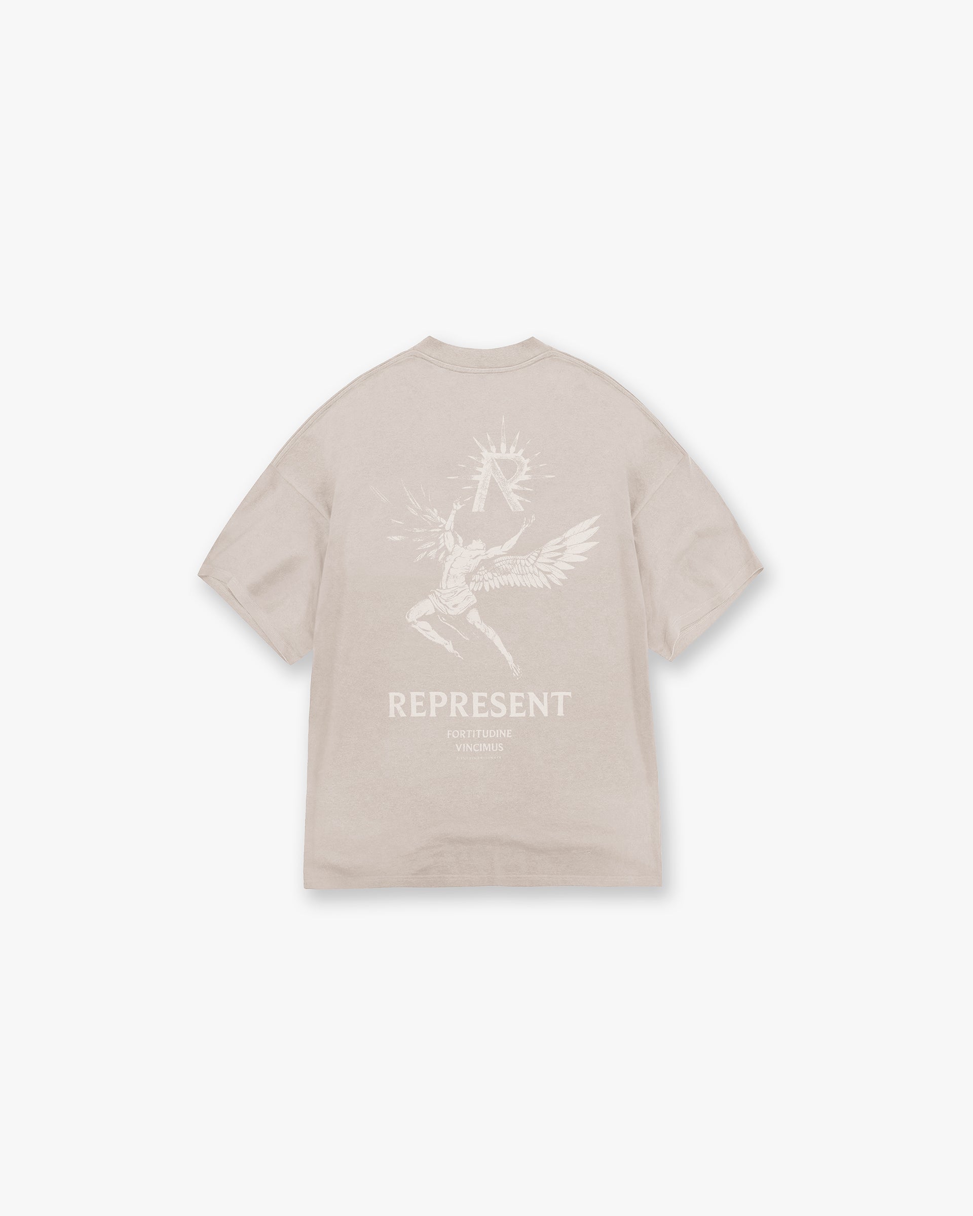 Back product image of a mens taupe t-shirt on a plain white background | Icarus T-Shirt in Taupe | Oversized fit t-shirt with Icarus graphic | SS24 T-Shirts | Represent Clo
