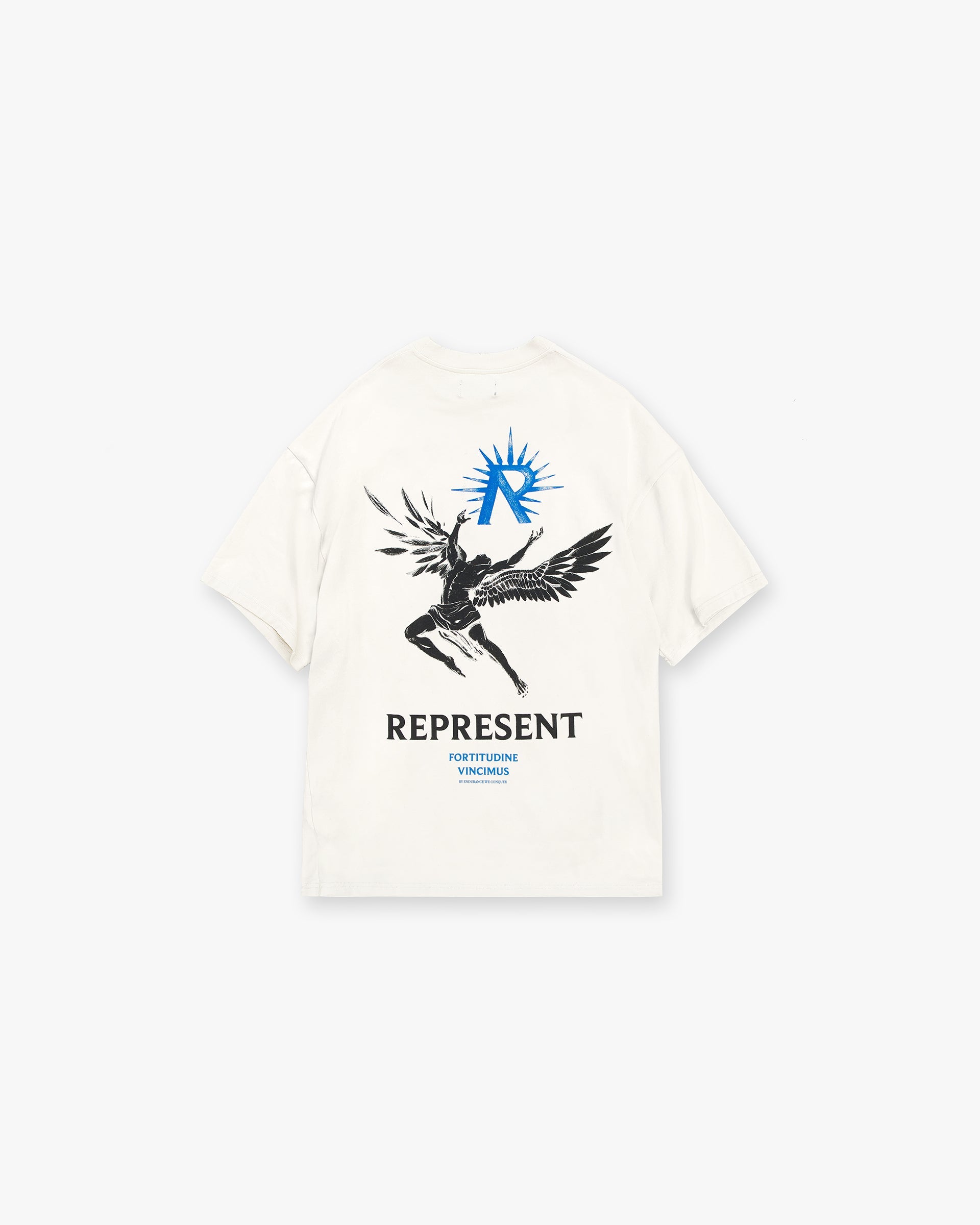 Back product image of a mens white t-shirt on a plain white background | Icarus T-Shirt in Flat White | Oversized t-shirt with Icarus graphic | SS24 T-Shirts | Represent Clo