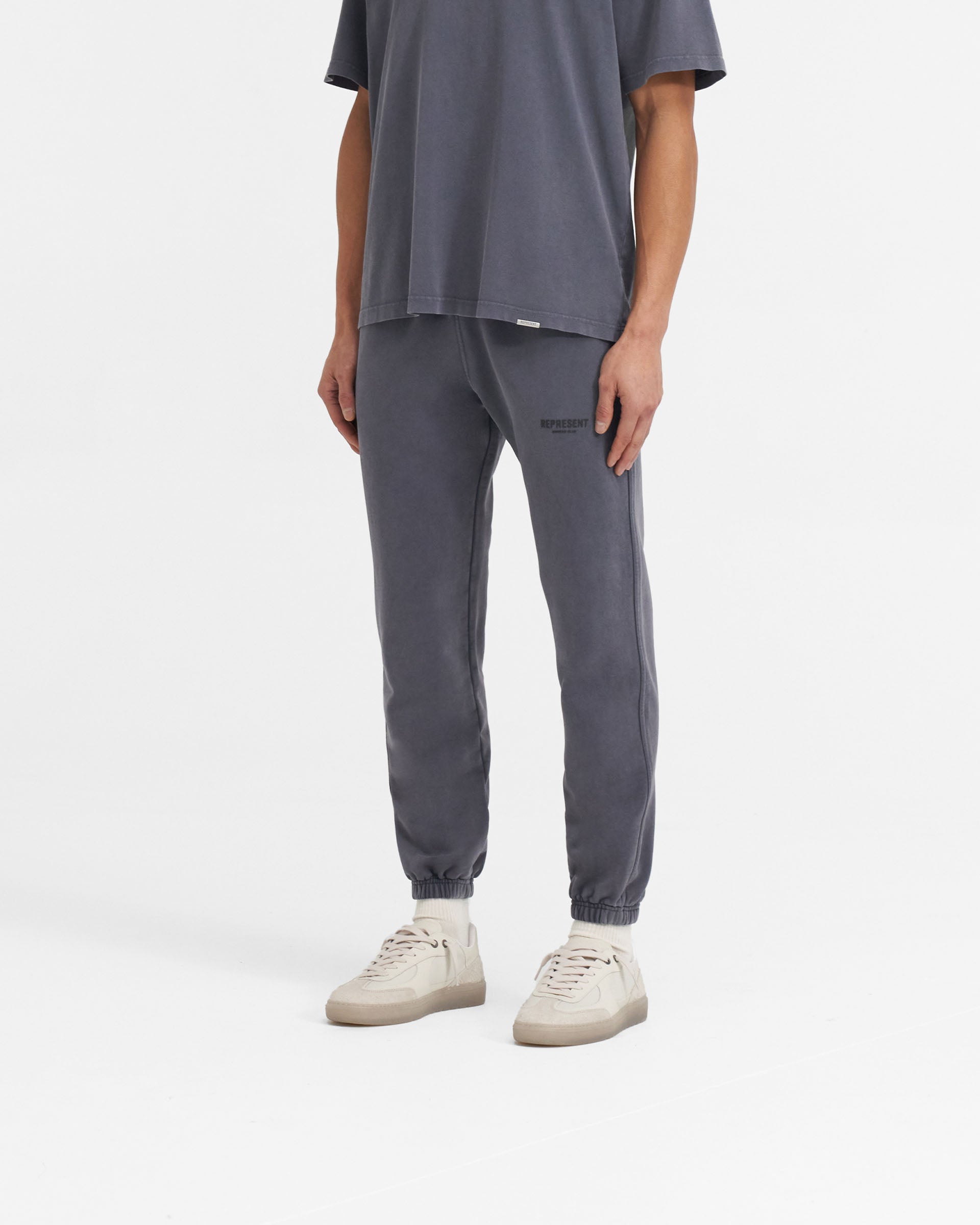 Man wearing grey sweatpants on a plain white background | Represent Owners Club Sweatpant in Storm | Sweatpants with elasticated waistband | Owners Club Pants | Represent Clo