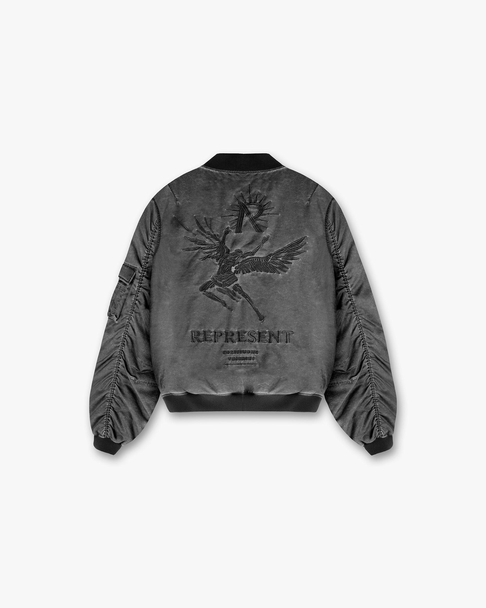 Back product image of a mens black bomber jacket on a plain white background | Icarus Flight Bomber in Jet Black | Bomber jacket with embroidered Icarus artwork | SS24 Outerwear | Represent Clo