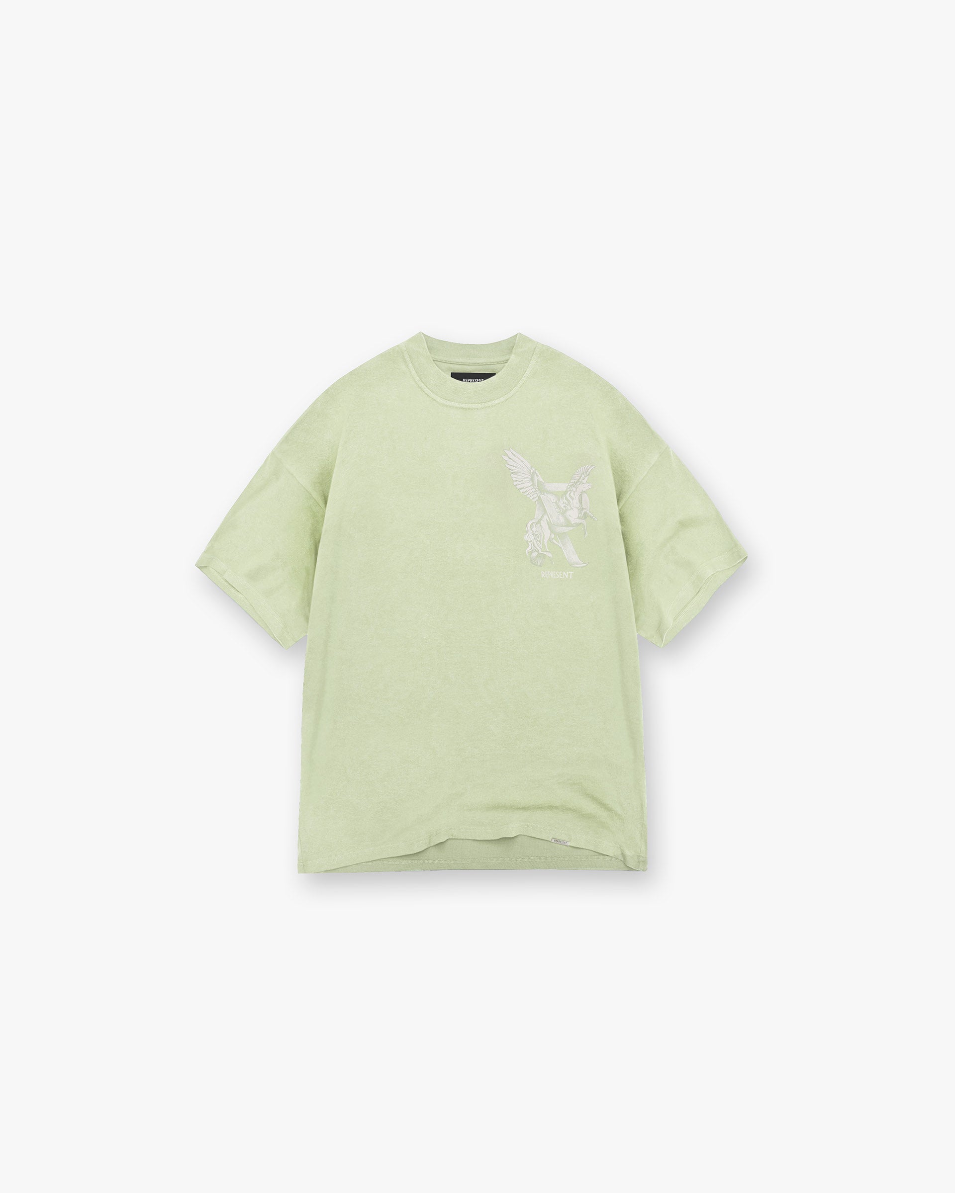 Front product image of a mens green t-shirt on a plain white background | Elegance In Motion T-Shirt in Matcha | T-shirt with funnel neck design | SS25 T-Shirts | Represent Clo