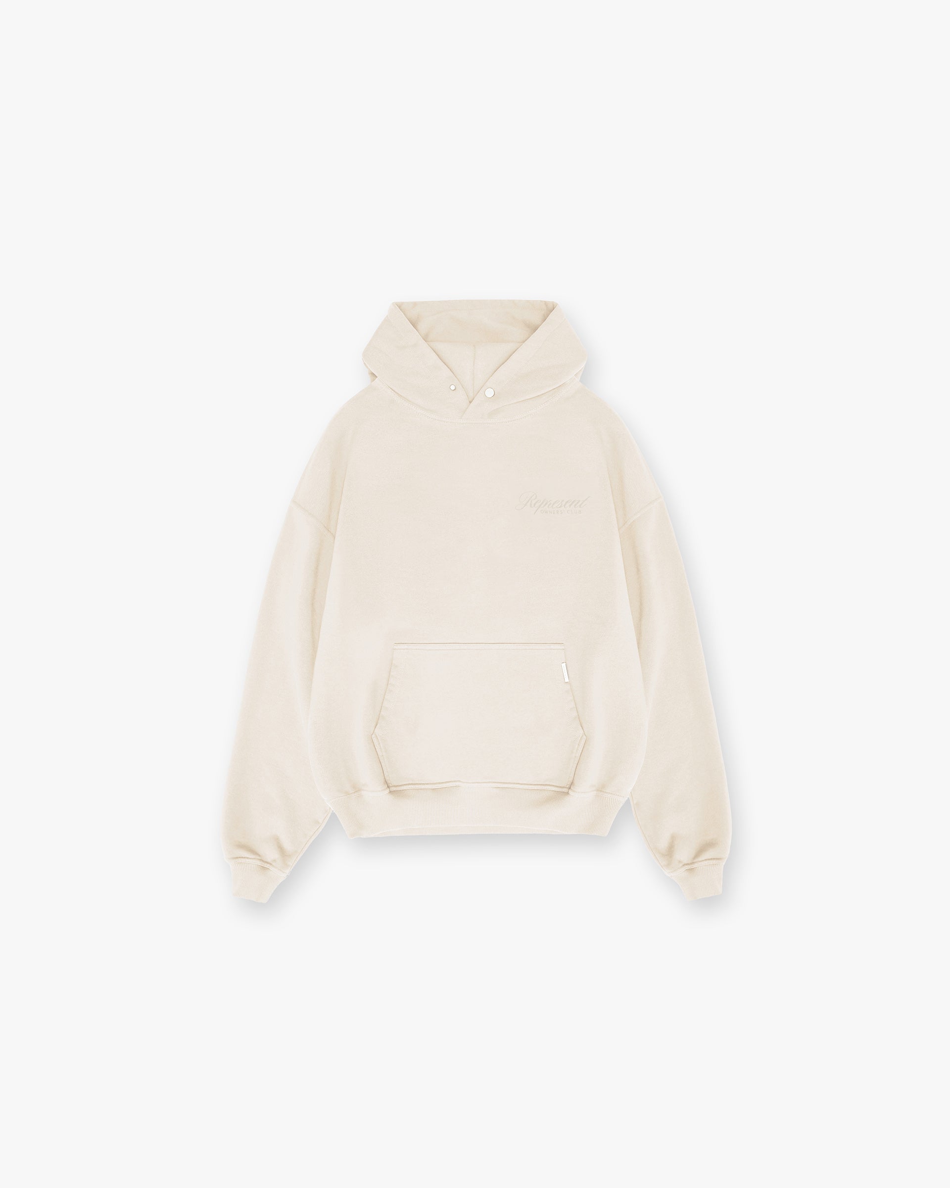 Front product image of a mens grey hoodie on a plain white background | Represent X Ounass Owners Club Script Hoodie in Island Fossil | Hoodies with script logo detailing | Exclusives Hoodies | Represent Clo