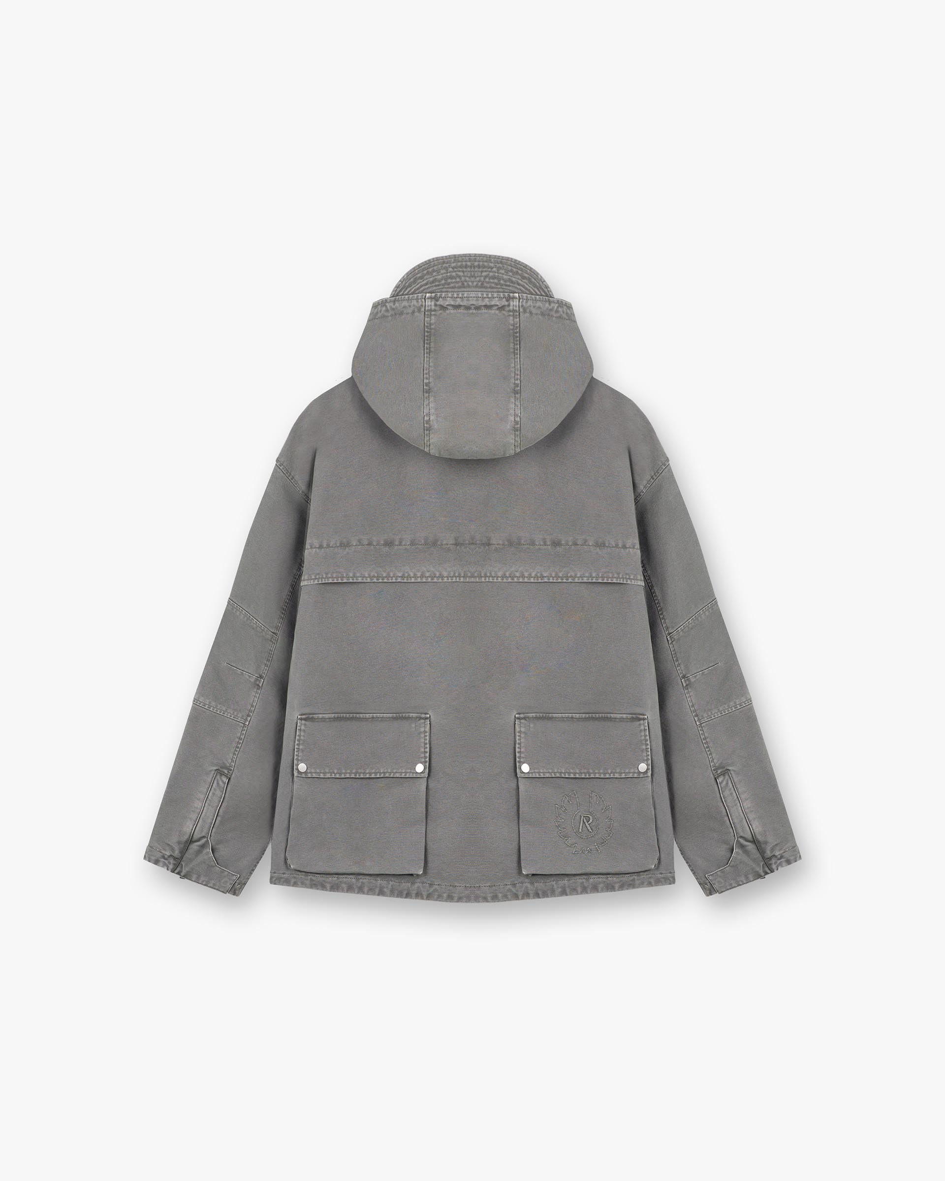Back product image of a mens grey field jacket on a plain white background | Represent X Belstaff Enduro Jacket in Shadow | Oversized hooded field jacket with multiple pockets | Exclusives Outerwear | Represent Clo