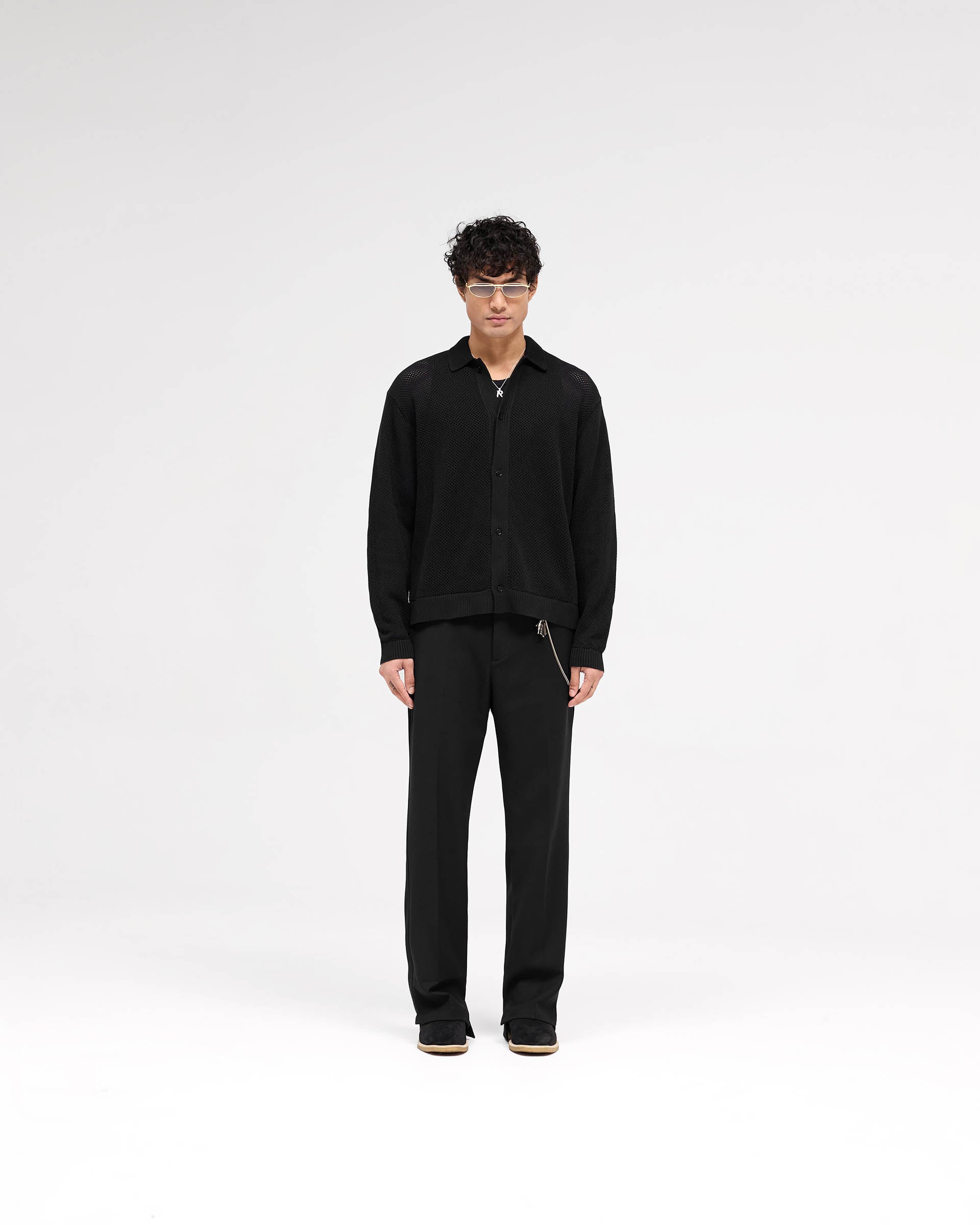 Long Sleeve Mesh Knit Shirt - Jet Black