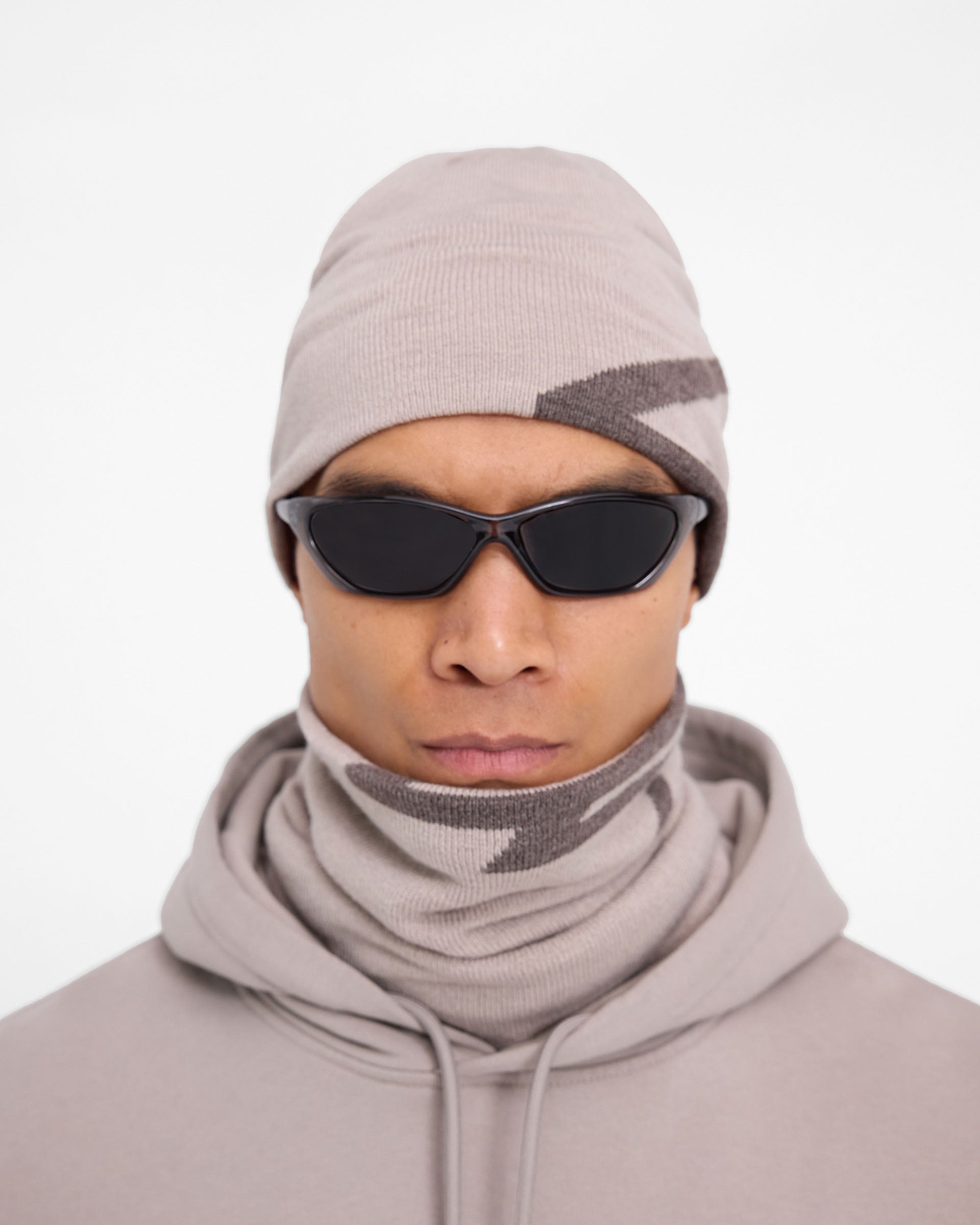 Back product image of a mens grey snood on a plain white background | 247 Knitted Snood in Moonrock | Wool blend snood with self fabric lining | 247 Accessories | Represent Clo