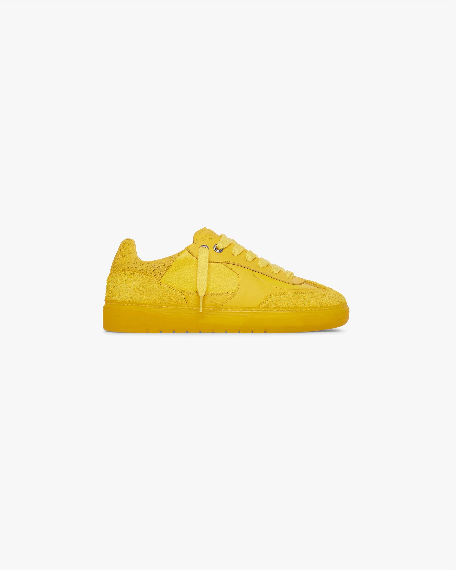 Front product image of a mens yellow footwear on a plain white background | Virtus in Yellow | Footwear design with unique textures | SS24 Footwear | Represent Clo