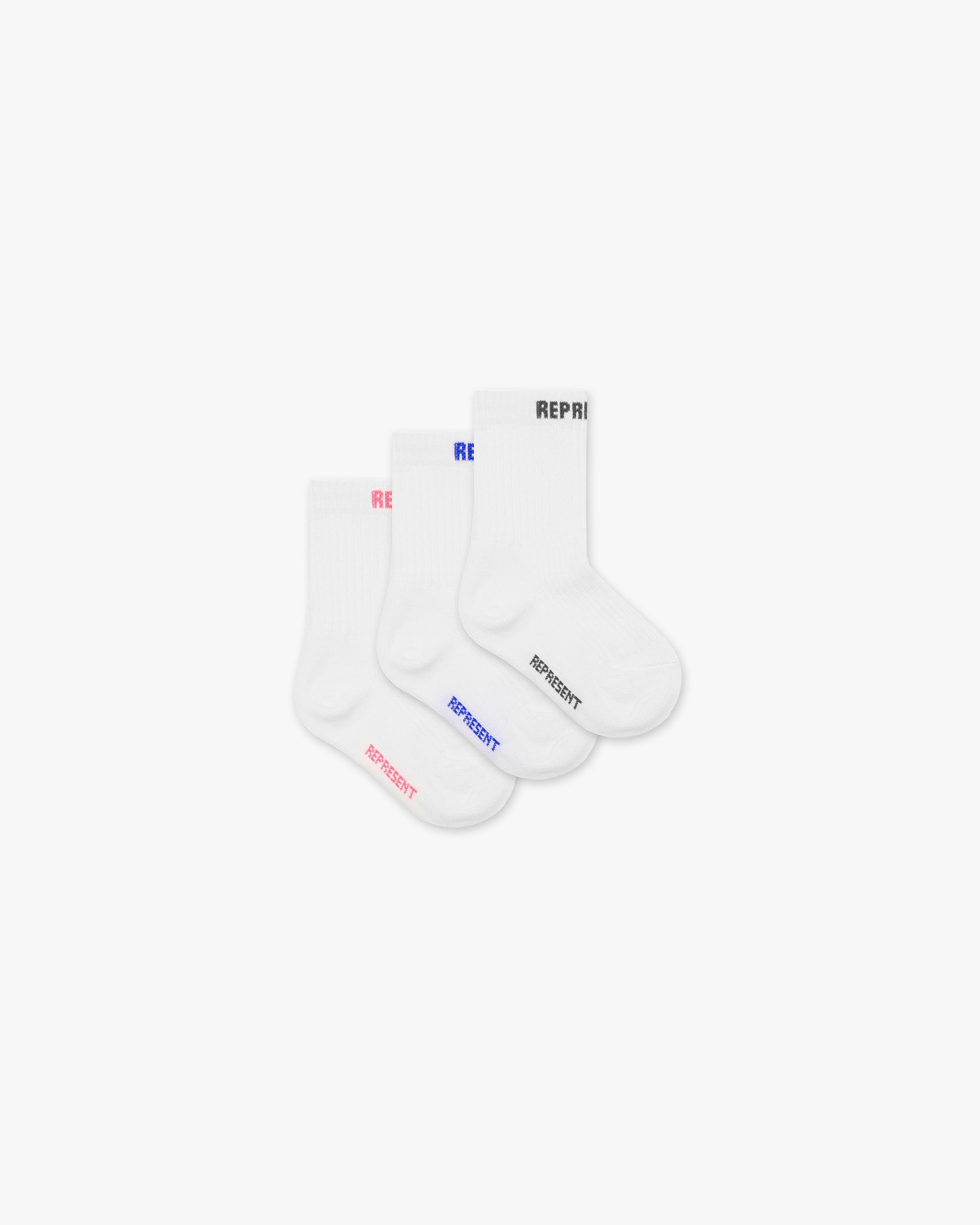 Front product image of a mens mixed colour socks pack on a plain white background | Mini Represent Socks in Mixed 3 Pack | Three-pack socks set | Mini Accessories | Represent Clo
