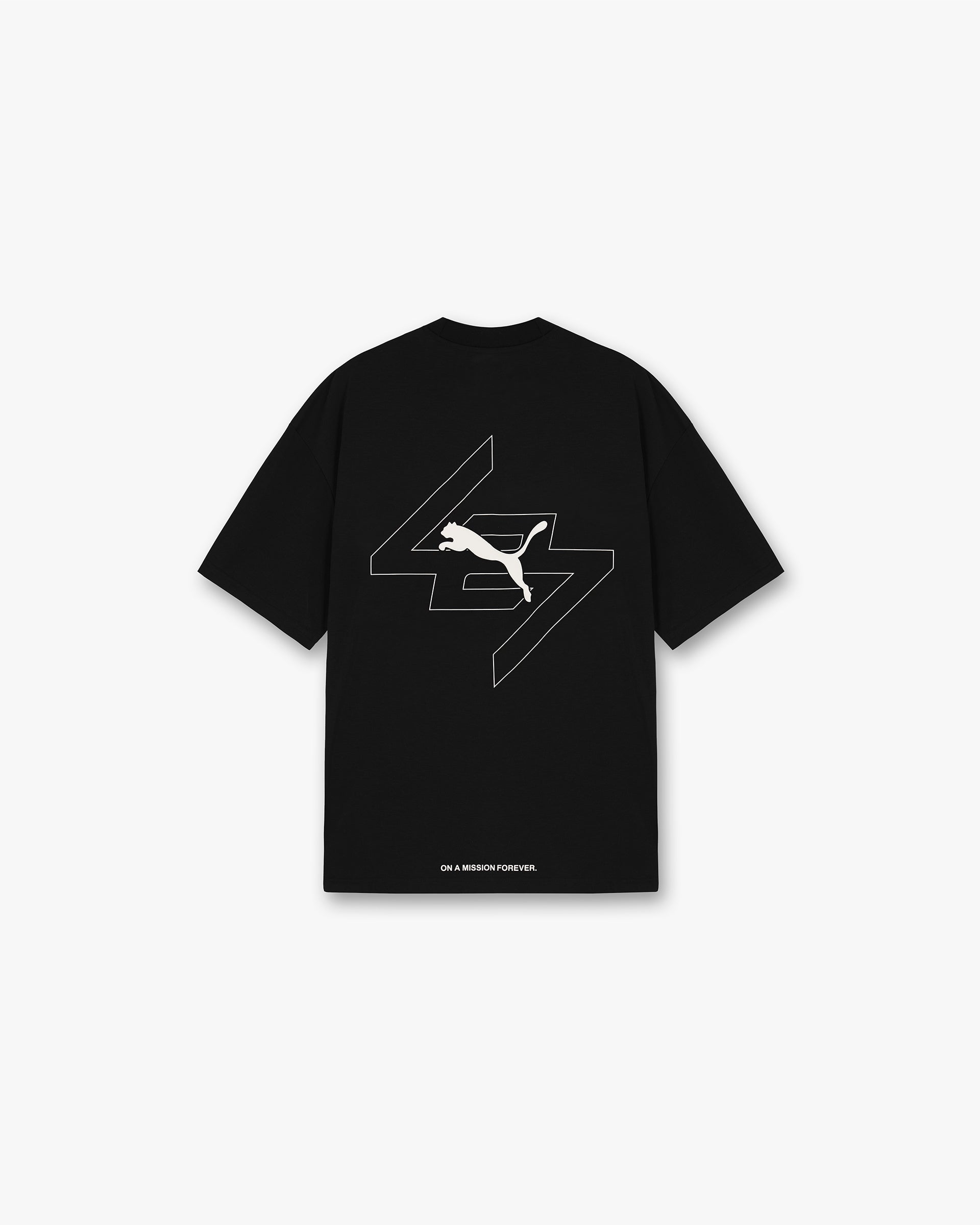 Back product image of a mens black oversized t-shirt on a plain white background | 247 X Puma Oversized T-Shirt in Black | T-Shirt with 3D silicone branding | 247 T-Shirts | Represent Clo