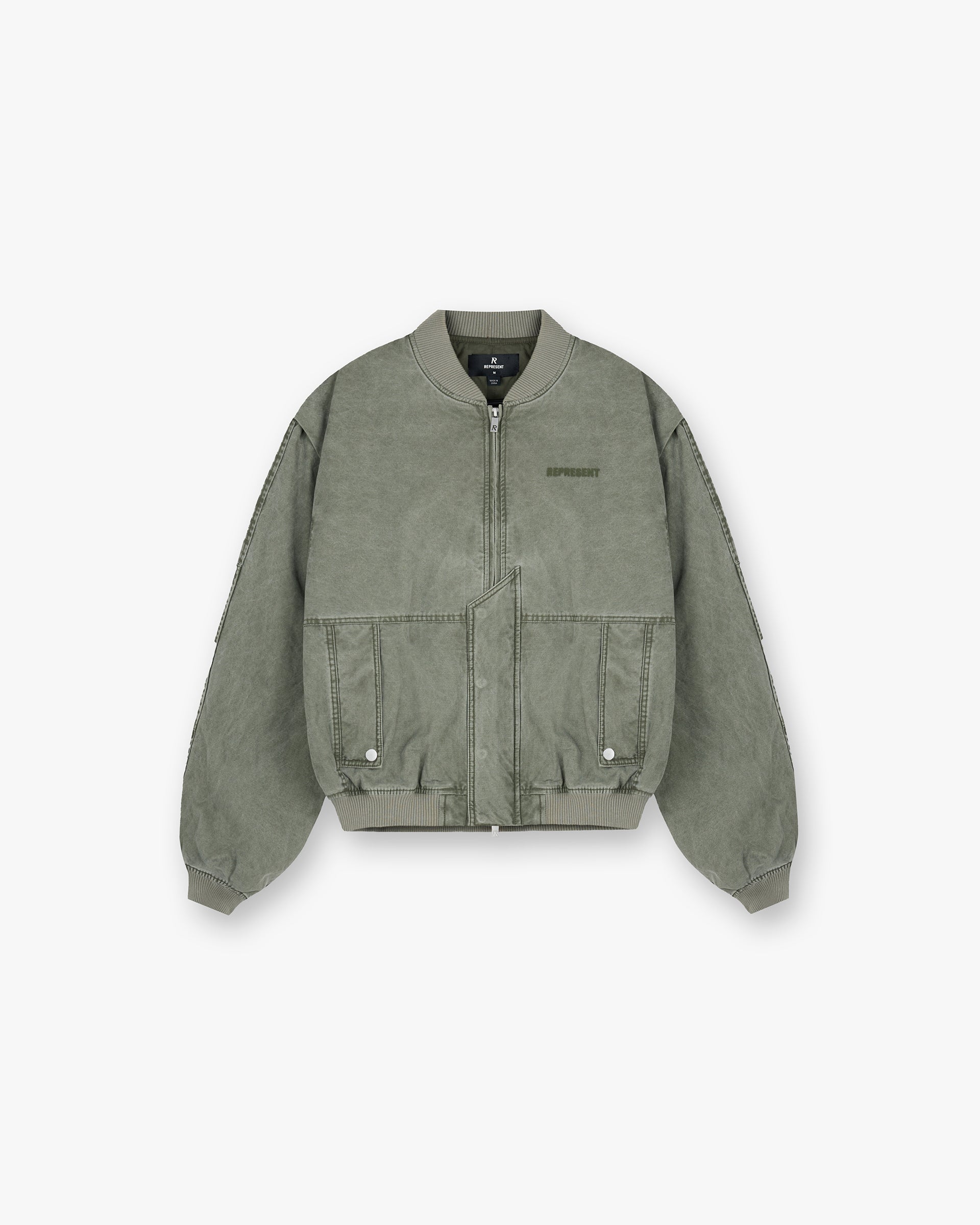 Front product image of a mens khaki bomber jacket on a plain white background | Inset Sleeve Bomber in Khaki | Bomber jacket with inset sleeves | FW24 Outerwear | Represent Clo