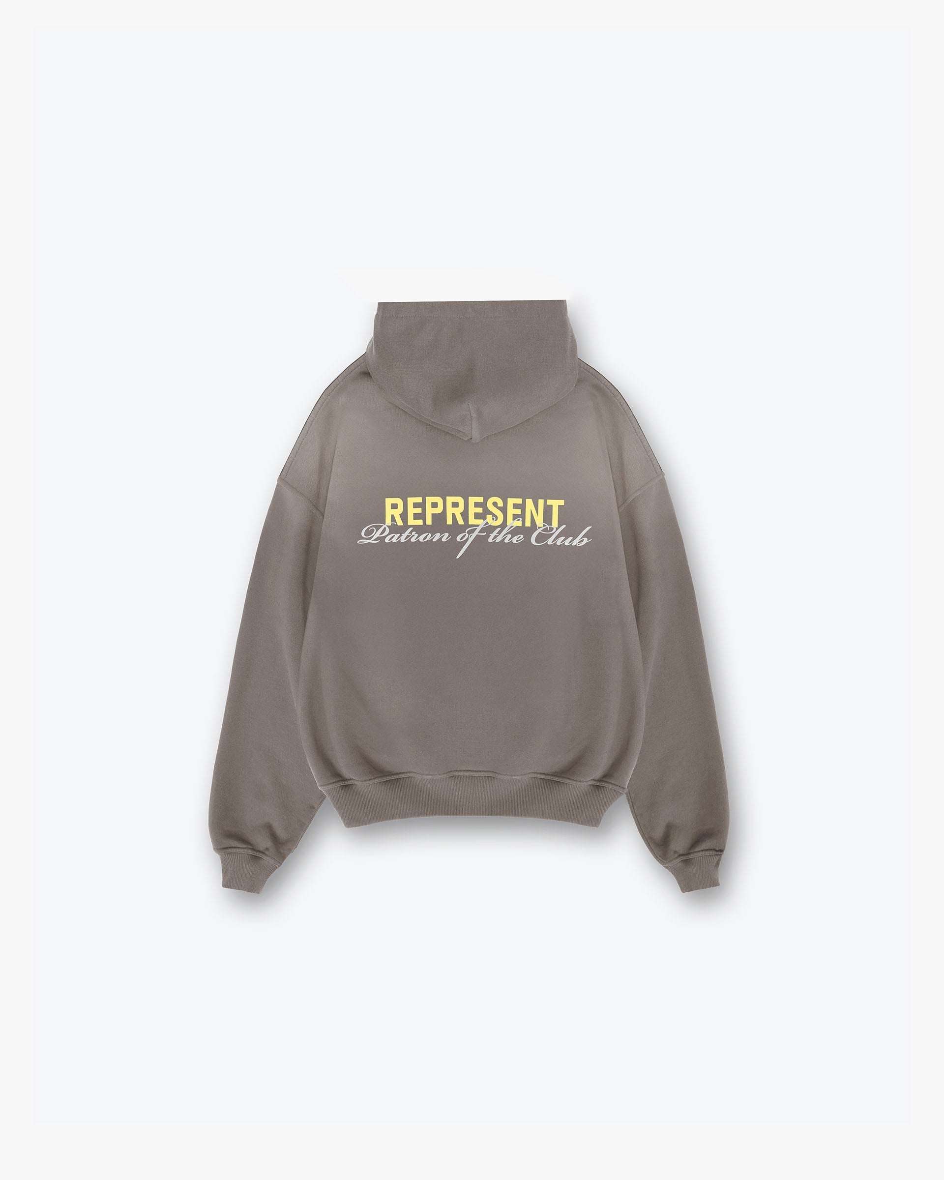 Back product image of a mens olive hoodie on a plain white background | Patron Of The Club Hoodie in Washed Olive | Oversized fit hoodie with Patron of the Club print | Patrons Hoodies | Represent Clo