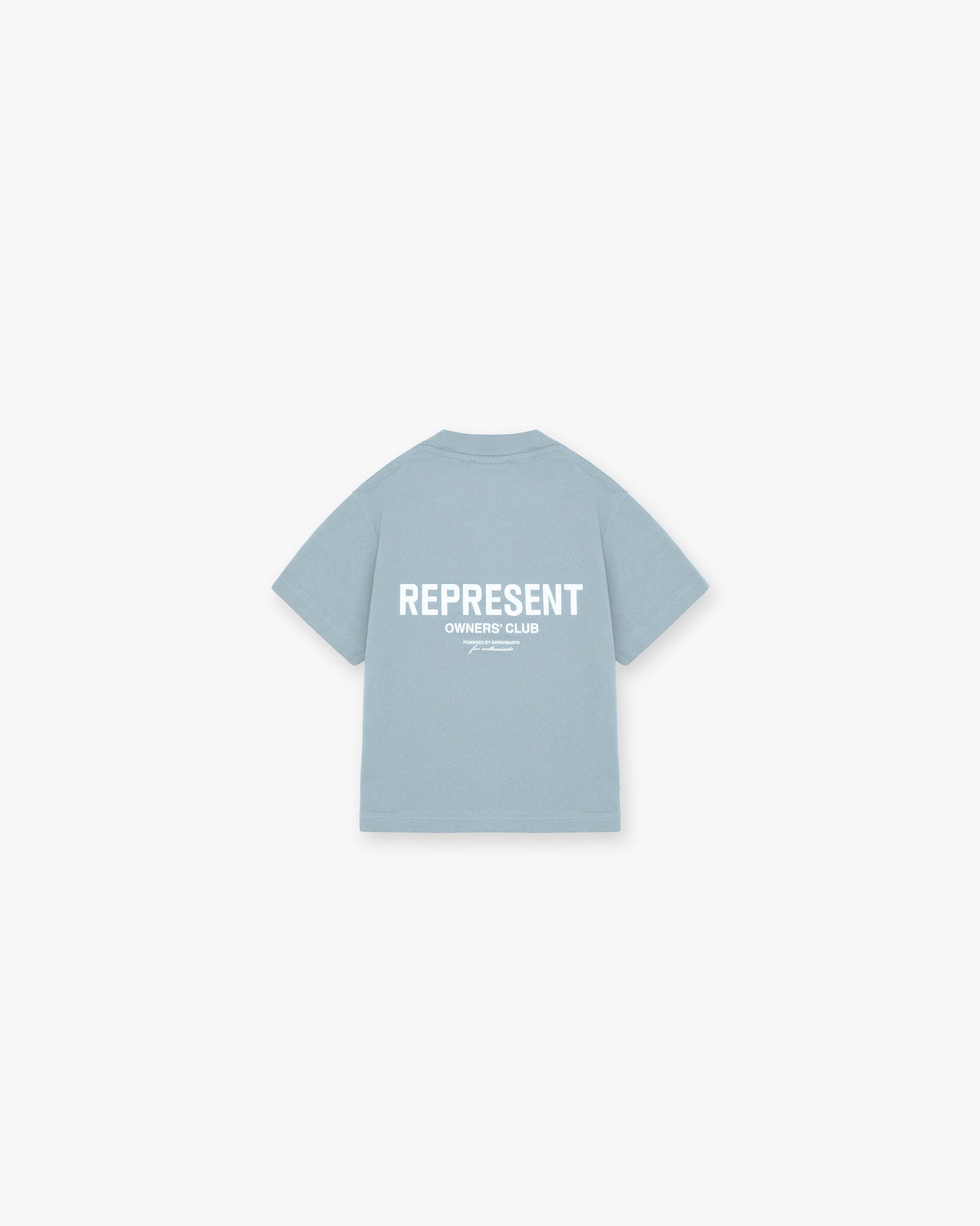 Front product image of a childs blue t-shirt on a plain white background | Represent Mini Owners Club T-Shirt in Powder Blue | Childs graphic t-shirt with Owners Club logo | Owners Club T-Shirts | Represent Clo