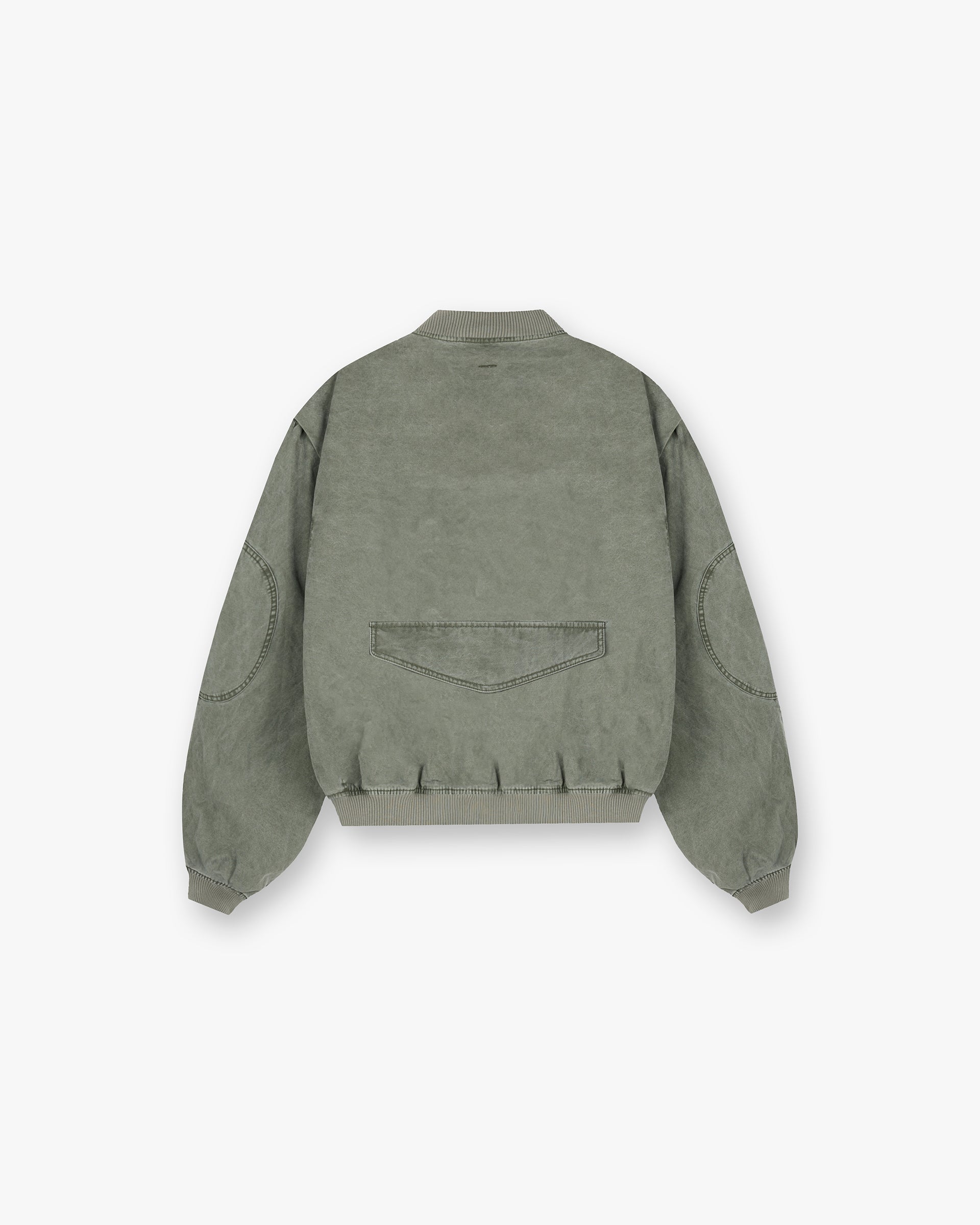 Back product image of a mens khaki bomber jacket on a plain white background | Inset Sleeve Bomber in Khaki | Bomber jacket with asymmetric placket and zip guard | FW24 Outerwear | Represent Clo