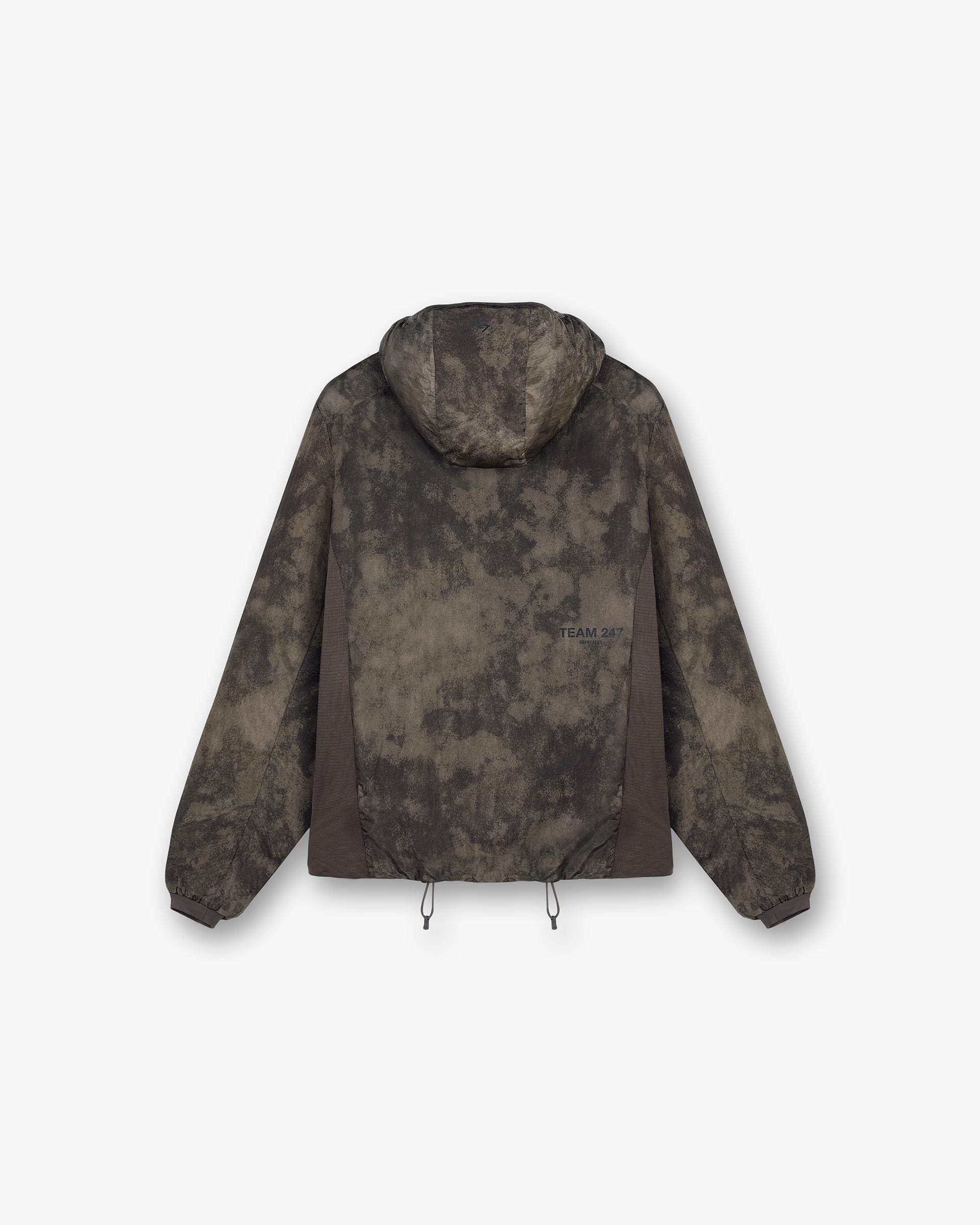 Back product image of a mens green insulated jacket on a plain white background | Team 247 Insulated Jacket in Terrain | Insulated jacket with gridded fleece side seam panelling | 247 Outerwear | Represent Clo
