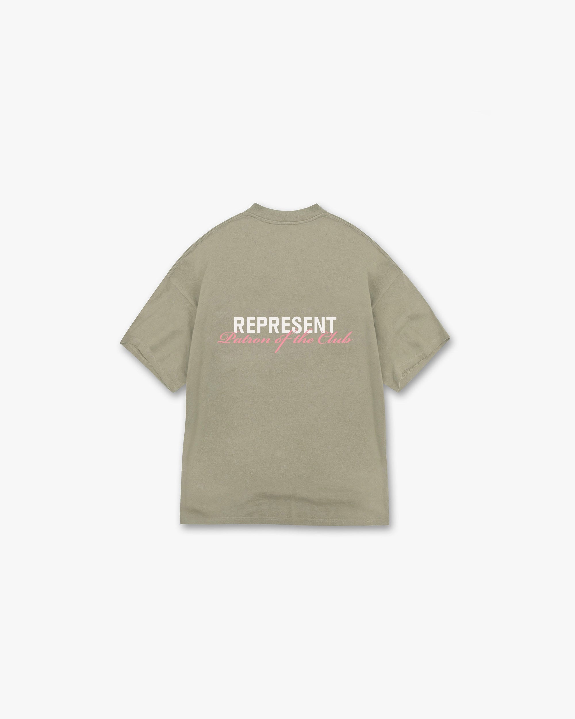 Back product image of a mens khaki t-shirt on a plain white background | Patron Of The Club T-Shirt in Khaki Pink | Slightly oversized fit t-shirt with branding | Patrons T-Shirts | Represent Clo