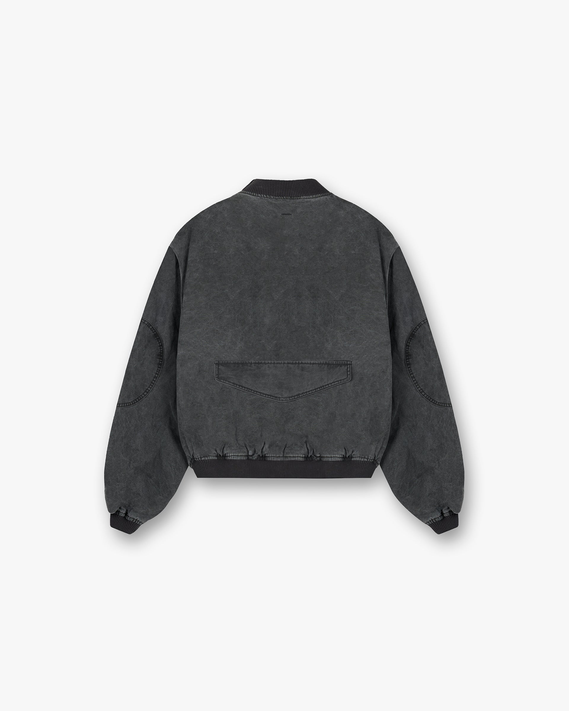 Back product image of a mens black bomber jacket on a plain white background | Inset Sleeve Bomber in Stained Black | Bomber jacket with asymmetric placket | FW24 Outerwear | Represent Clo