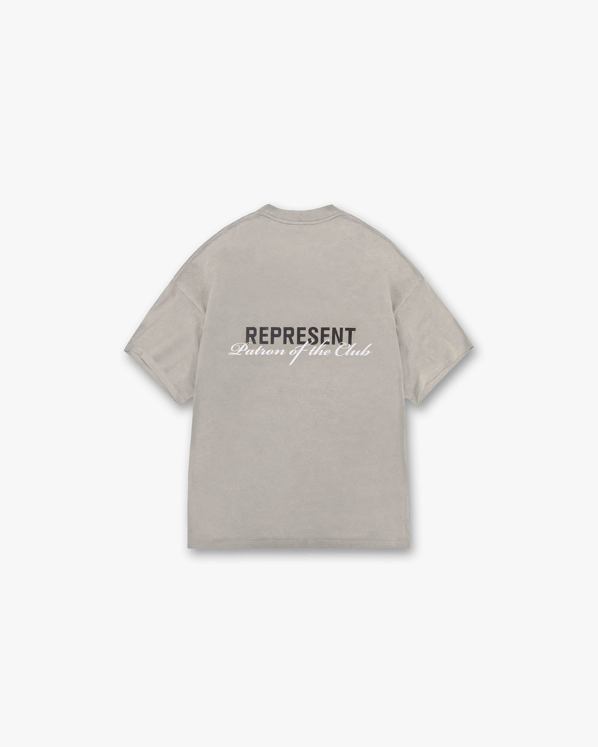 Back product image of a mens mudstone t-shirt on a plain white background | Patron Of The Club T-Shirt in Mudstone | Oversized fit crewneck t-shirt | Patrons T-Shirts | Represent Clo