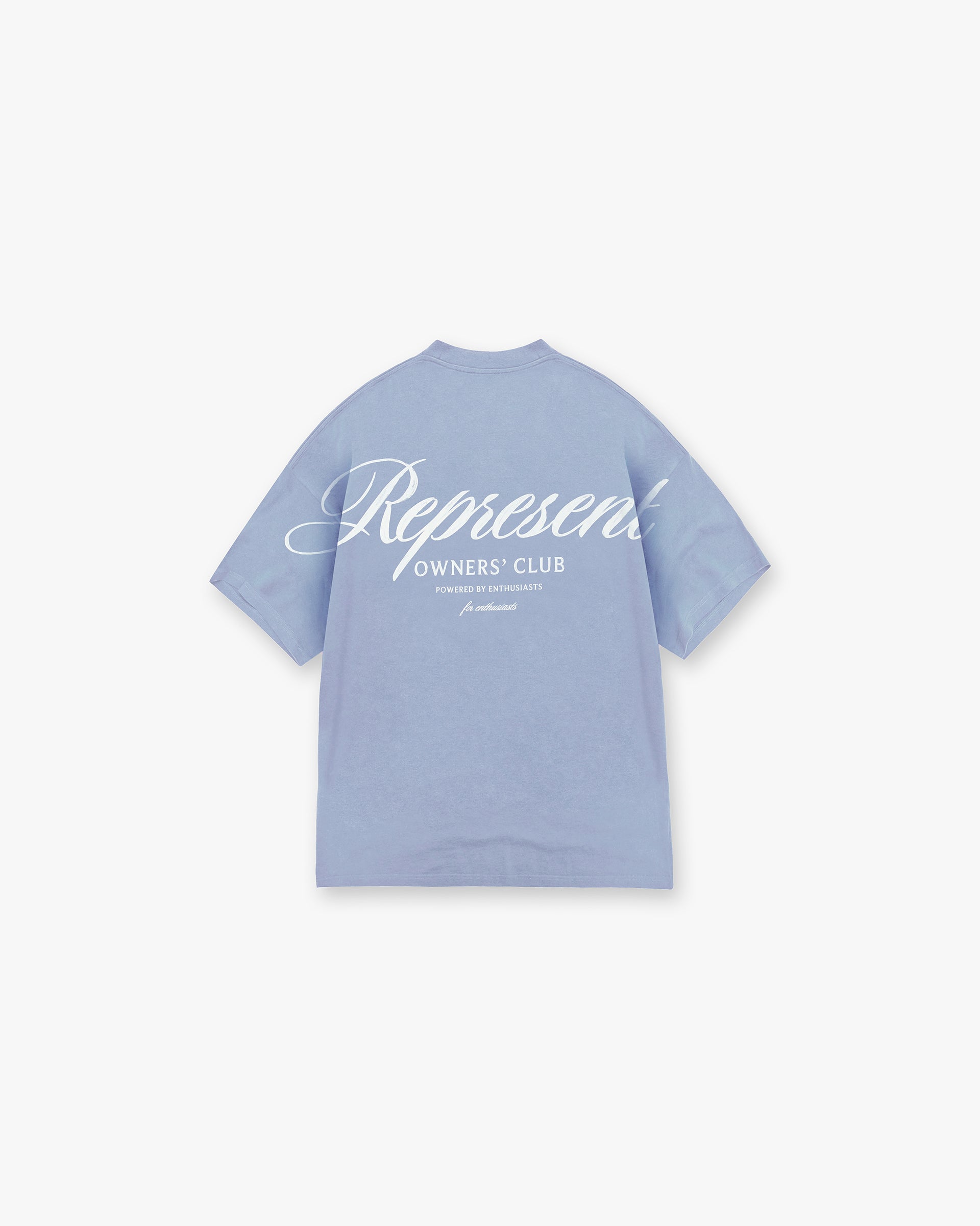 Back product image of a mens blue t-shirt on a plain white background | Owners Club Script T-Shirt in Dusty Blue | Oversized t-shirt with water-based screen print graphic | Owners Club T-Shirts | Represent Clo