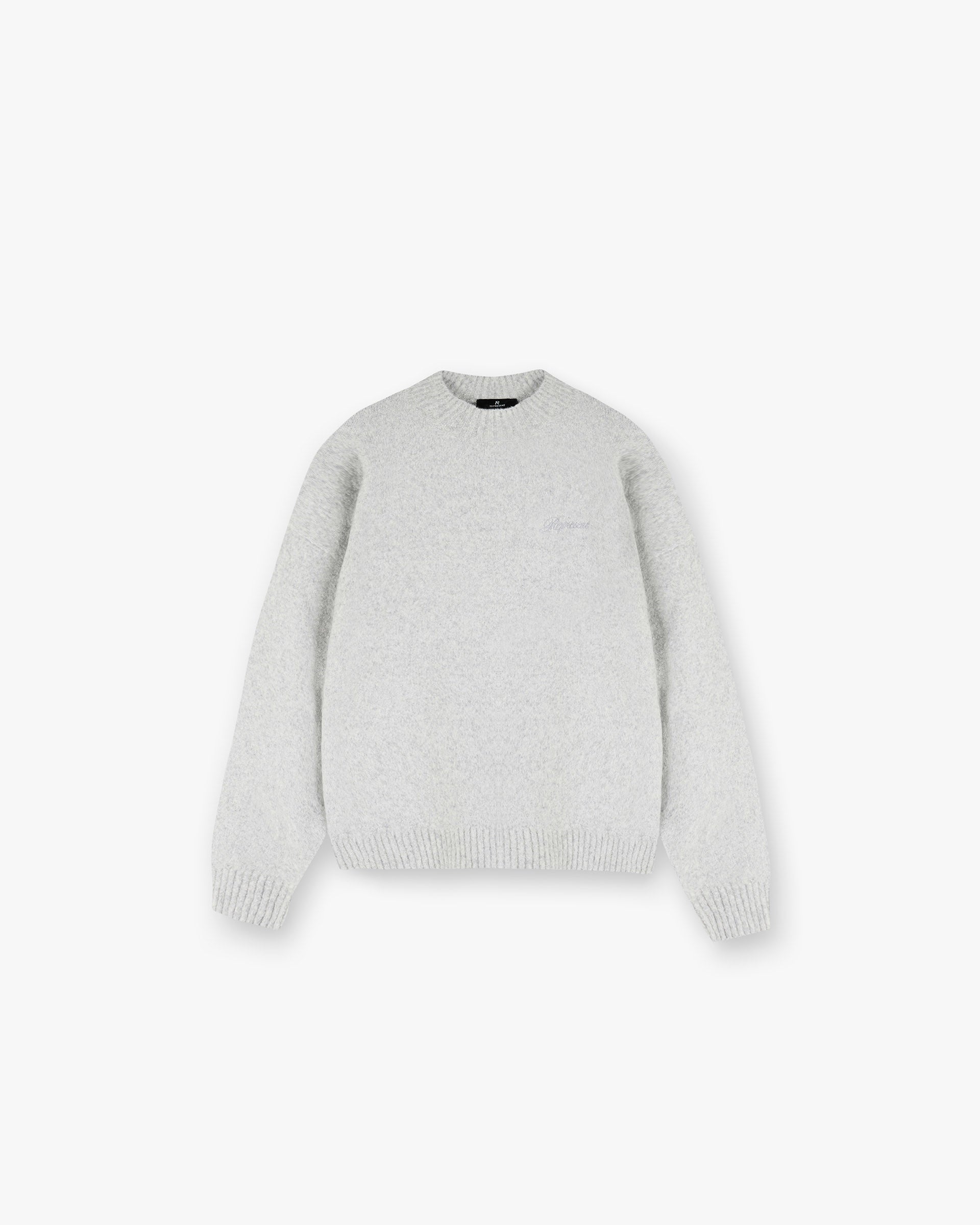 Front product image of a mens grey jumper on a plain white background | Marled Knit Jumper in Ice Grey Marl | Knitwear with marled texture | SS25 Knitwear | Represent Clo