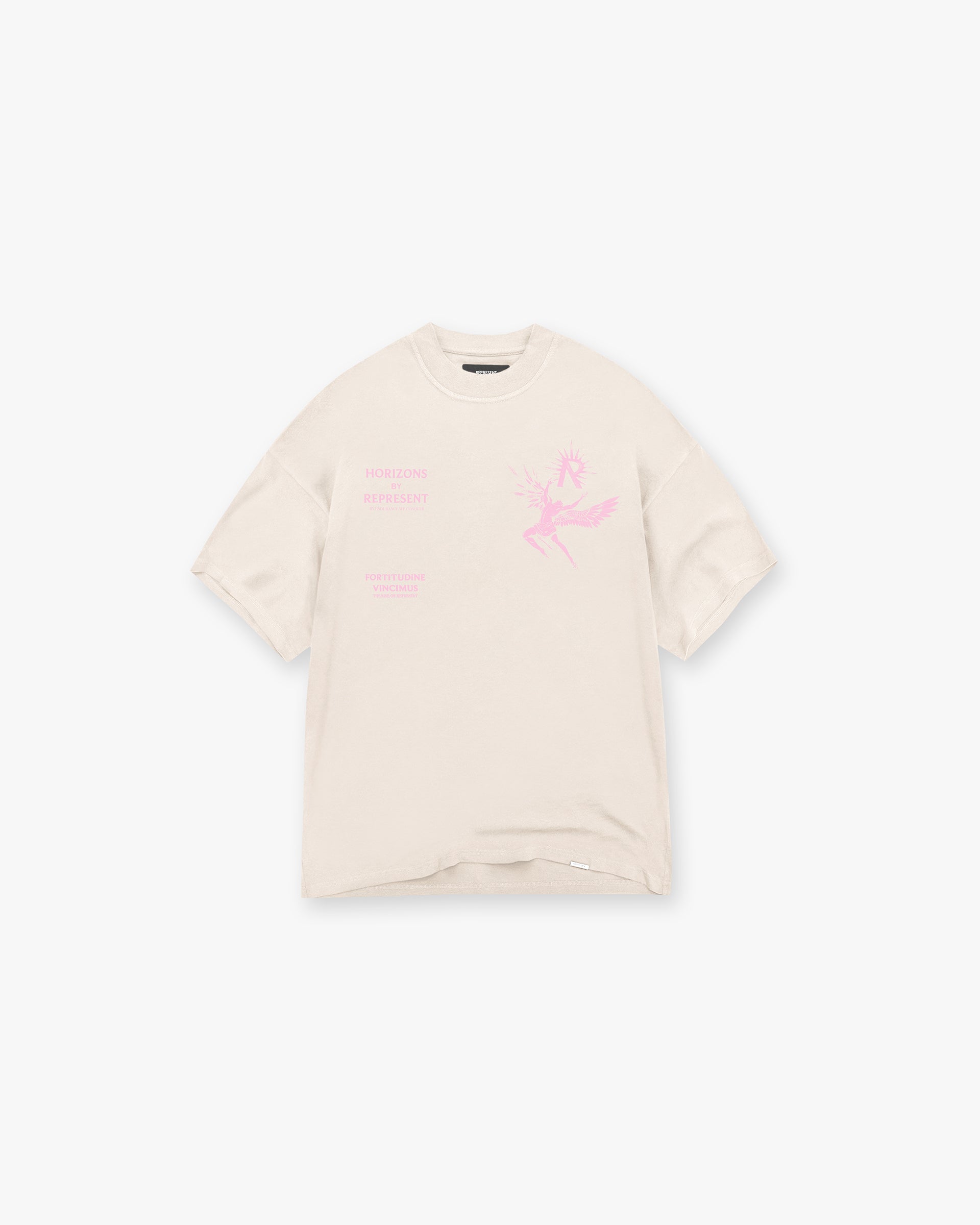 Front product image of a mens pearl t-shirt on a plain white background | Icarus T-Shirt in Pearl | T-Shirt with slightly oversized fit and popper fastenings | SS24 T-Shirts | Represent Clo