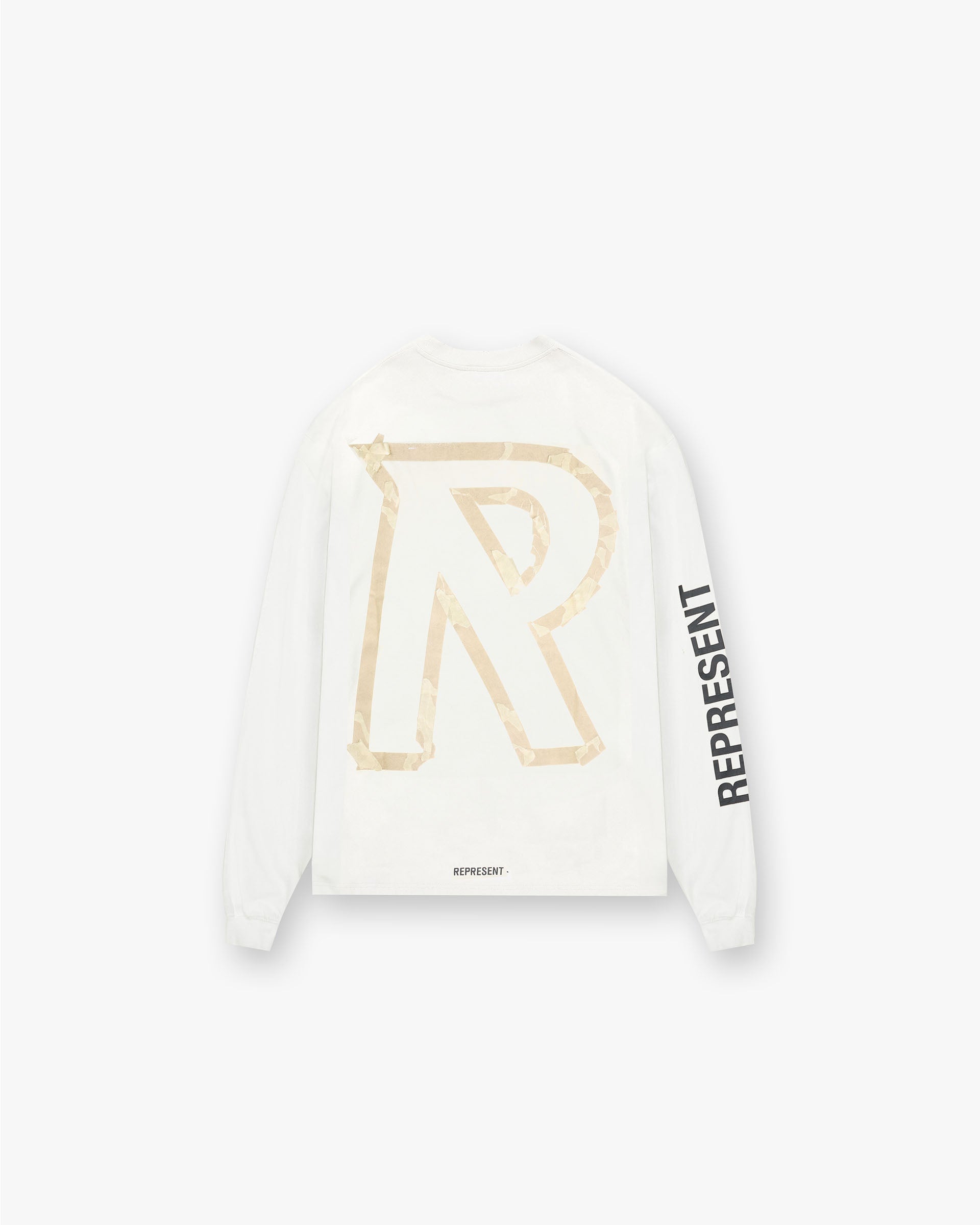 Back product image of a mens white t-shirt on a plain white background | Masking Tape Initial Long Sleeve T-Shirt in Flat White | Oversized long sleeve t-shirt with 3D masking tape effect | FW24 T-Shirts | Represent Clo