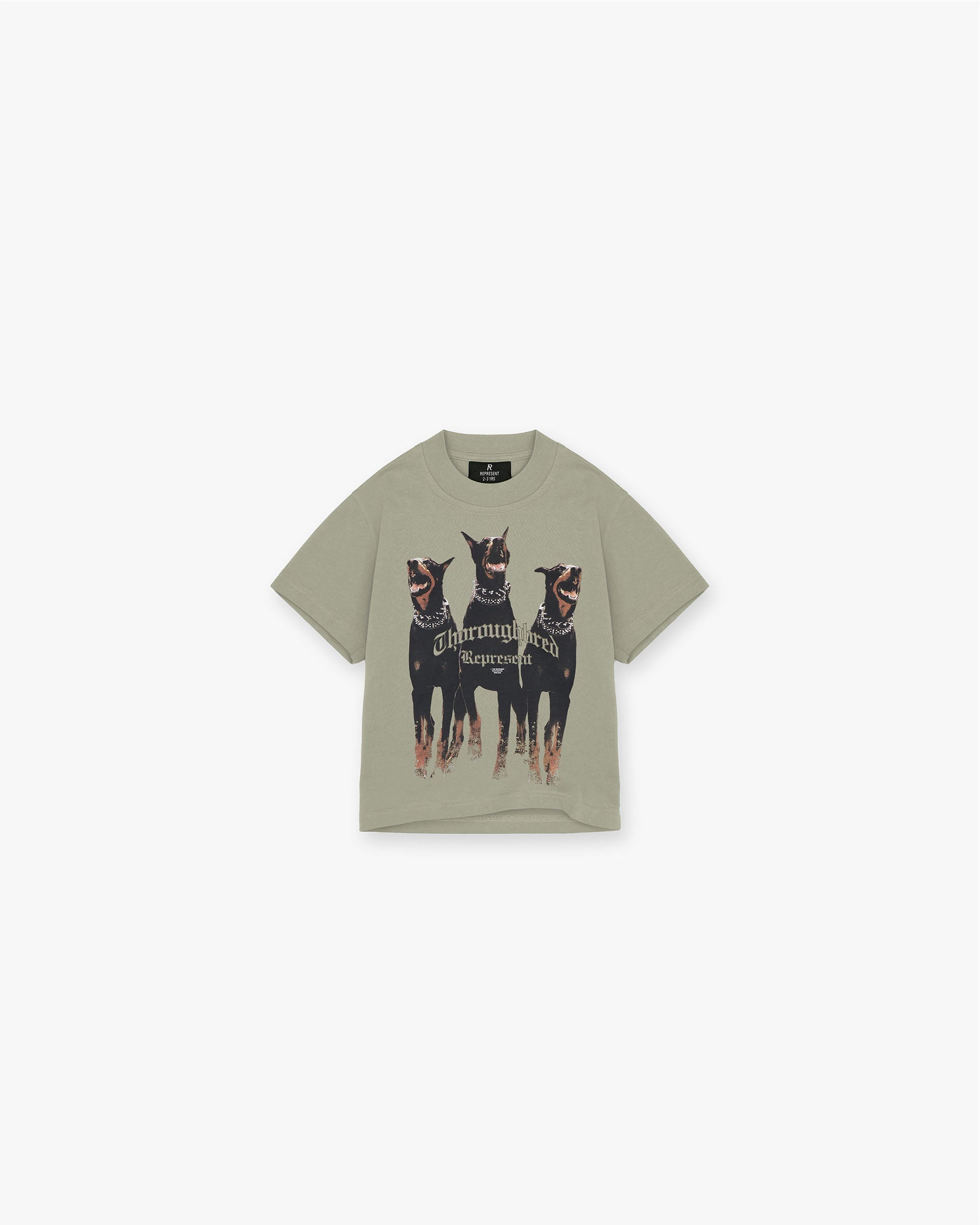 Front product image of a mens khaki t-shirt on a plain white background | Mini Thoroughbred T-Shirt in Khaki | Oversized graphic t-shirt with metal bar logo | Mini T-Shirts | Represent Clo