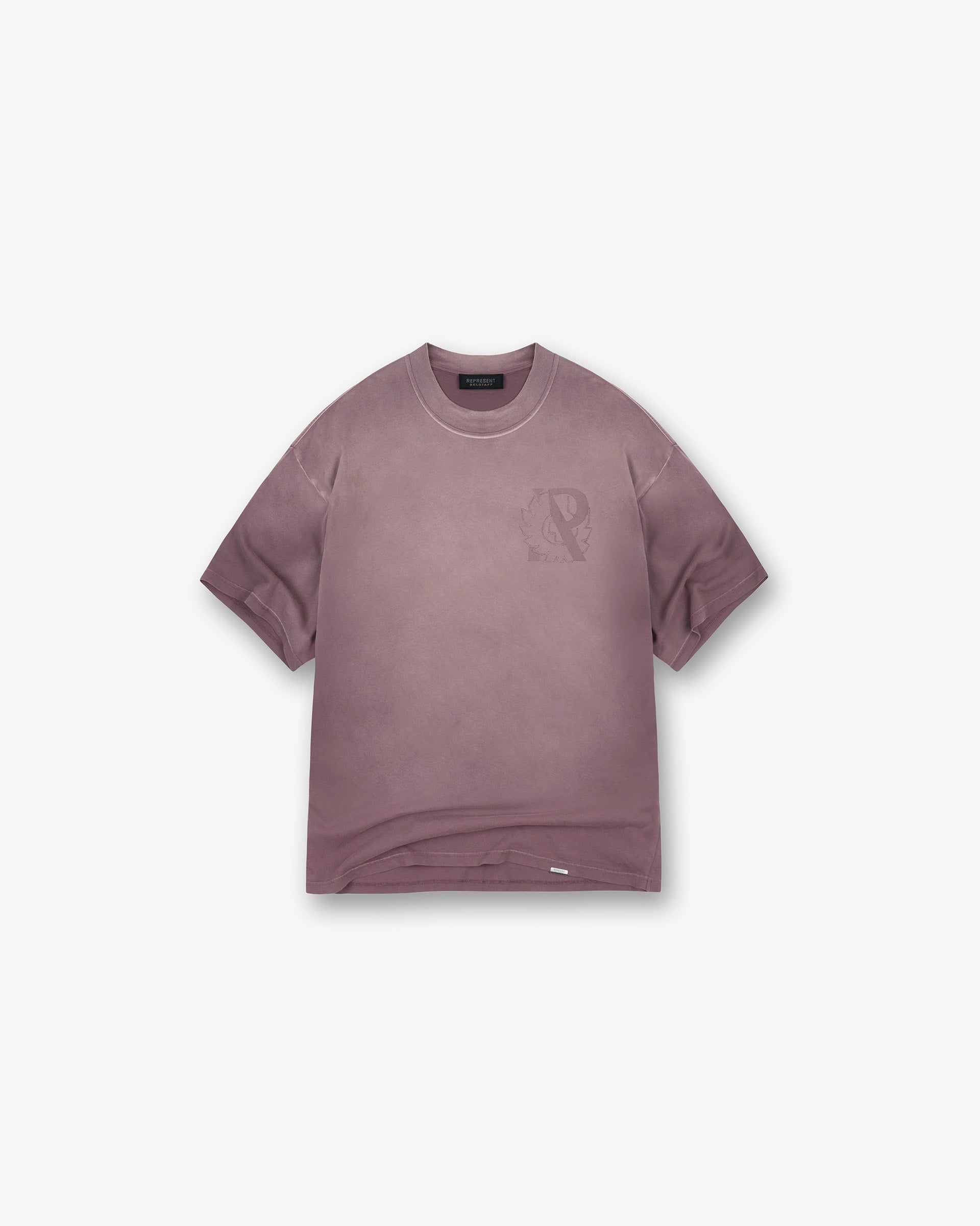 Front product image of a mens plum t-shirt on a plain white background | Represent X Belstaff Outline Phoenix T-Shirt in Plum | T-shirt with tonal Represent script embroidery | Exclusives T-Shirts | Represent Clo