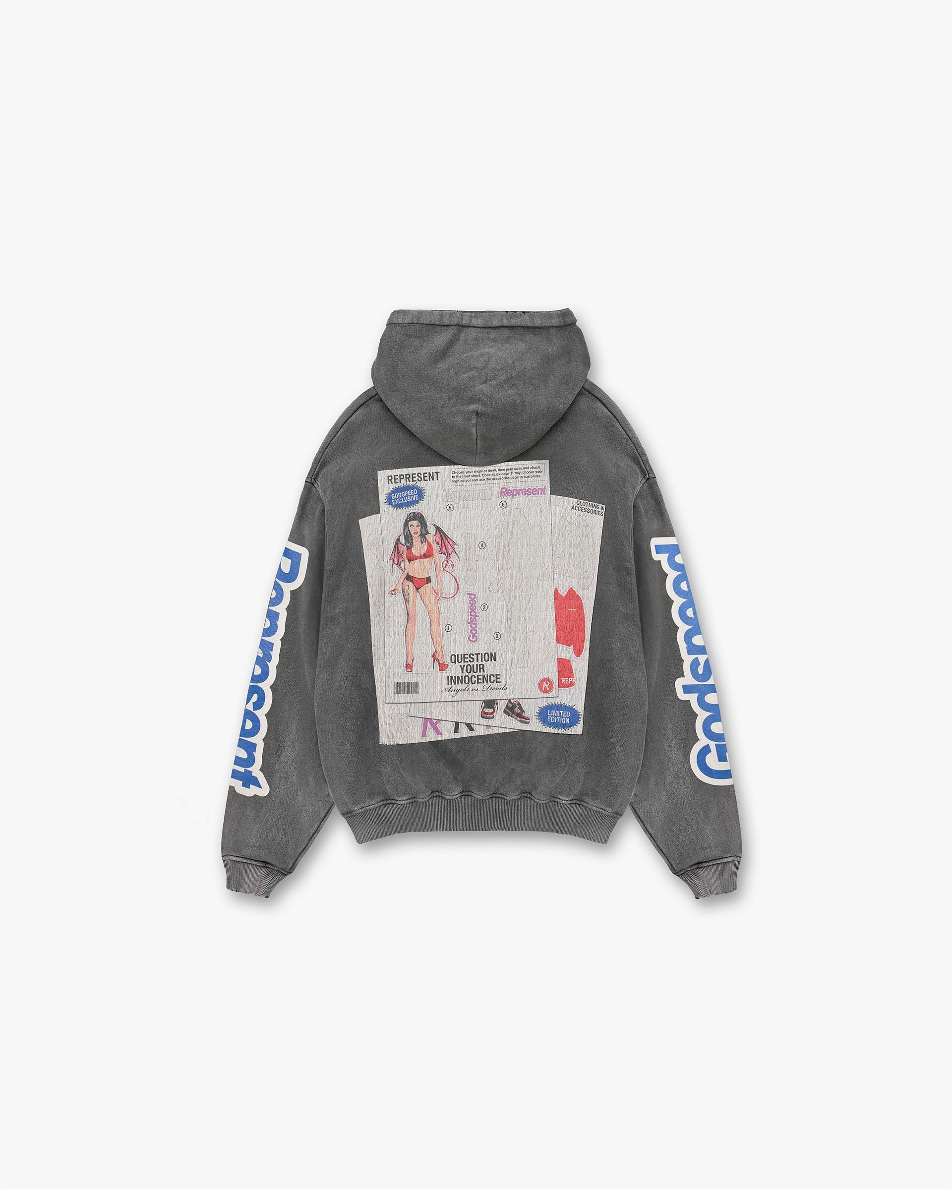 Back product image of a mens grey hoodie on a plain white background | Question Your Innocence Hoodie in Vintage Grey | Hoodie with cracked print graphic and Cobrax popper | FW24 Hoodies | Represent Clo