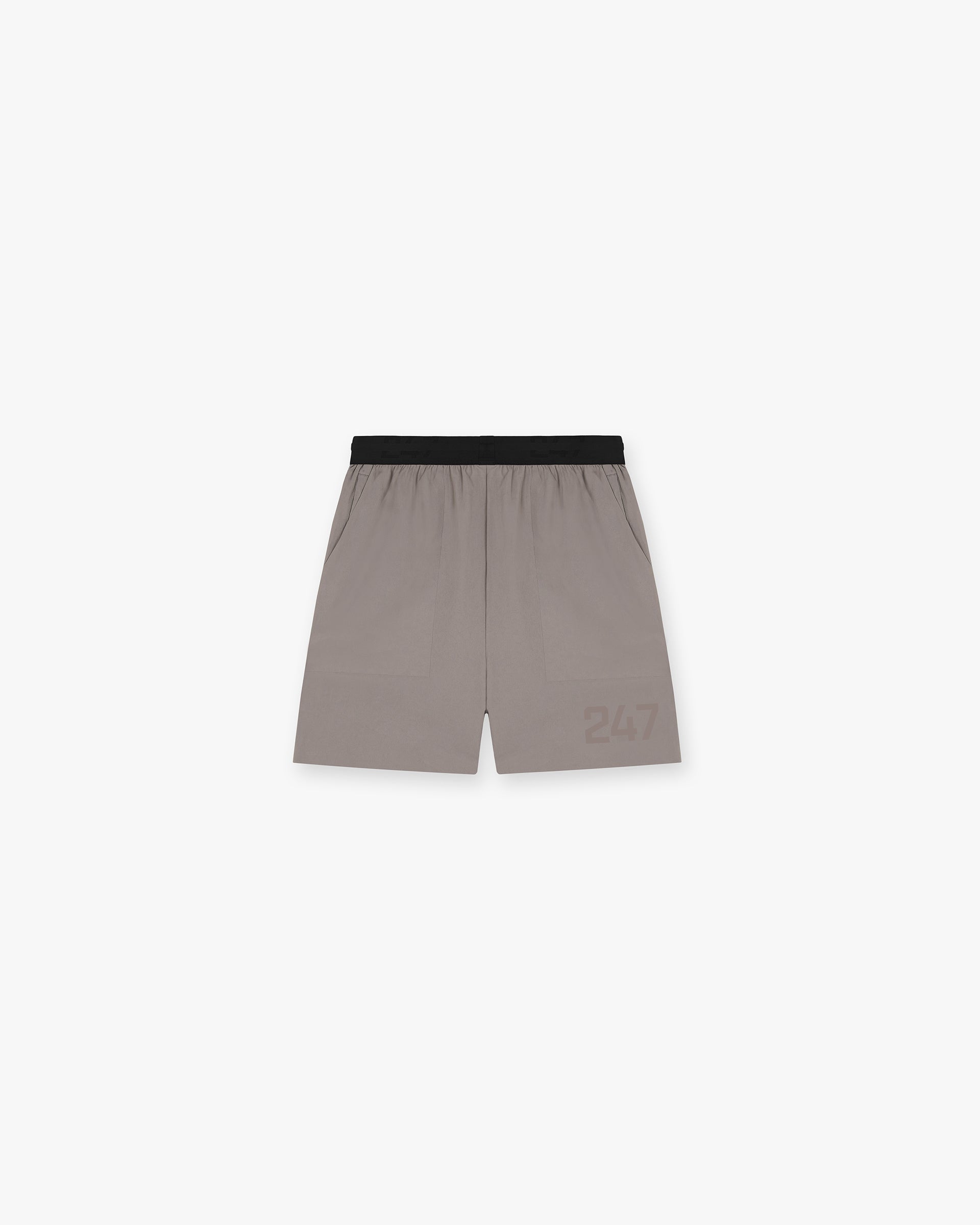Back product image of mens grey gym shorts on a plain white background | 247 Fused Shorts in Cinder | Gym shorts with reverse coil zippers and fused side entry pocket | 247 Shorts | Represent Clo