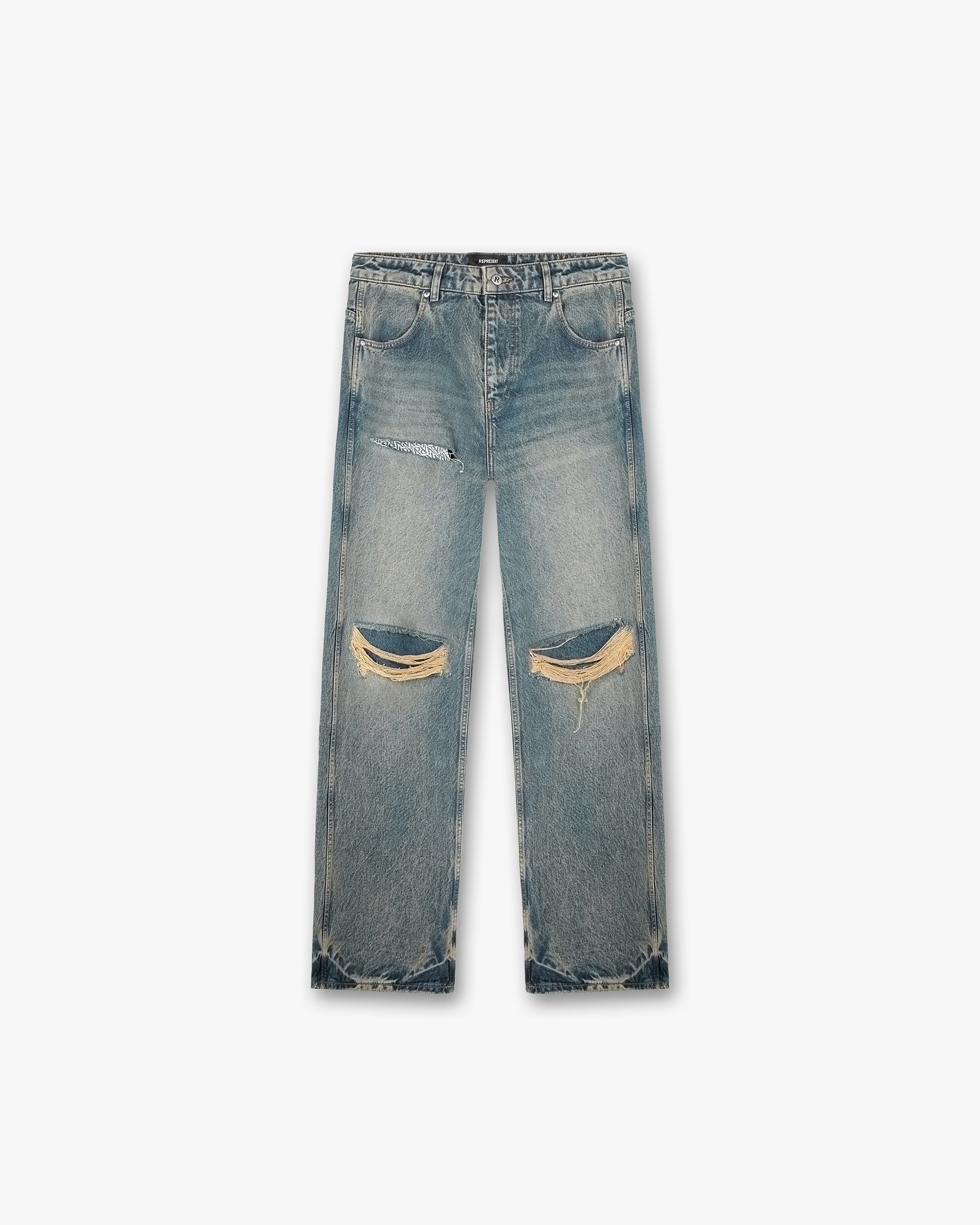 Front product image of mens blue cream denim on a plain white background | R3D Destroyer Baggy Denim in Blue Cream | Baggy fit denim | SS24 Denim | Represent Clo