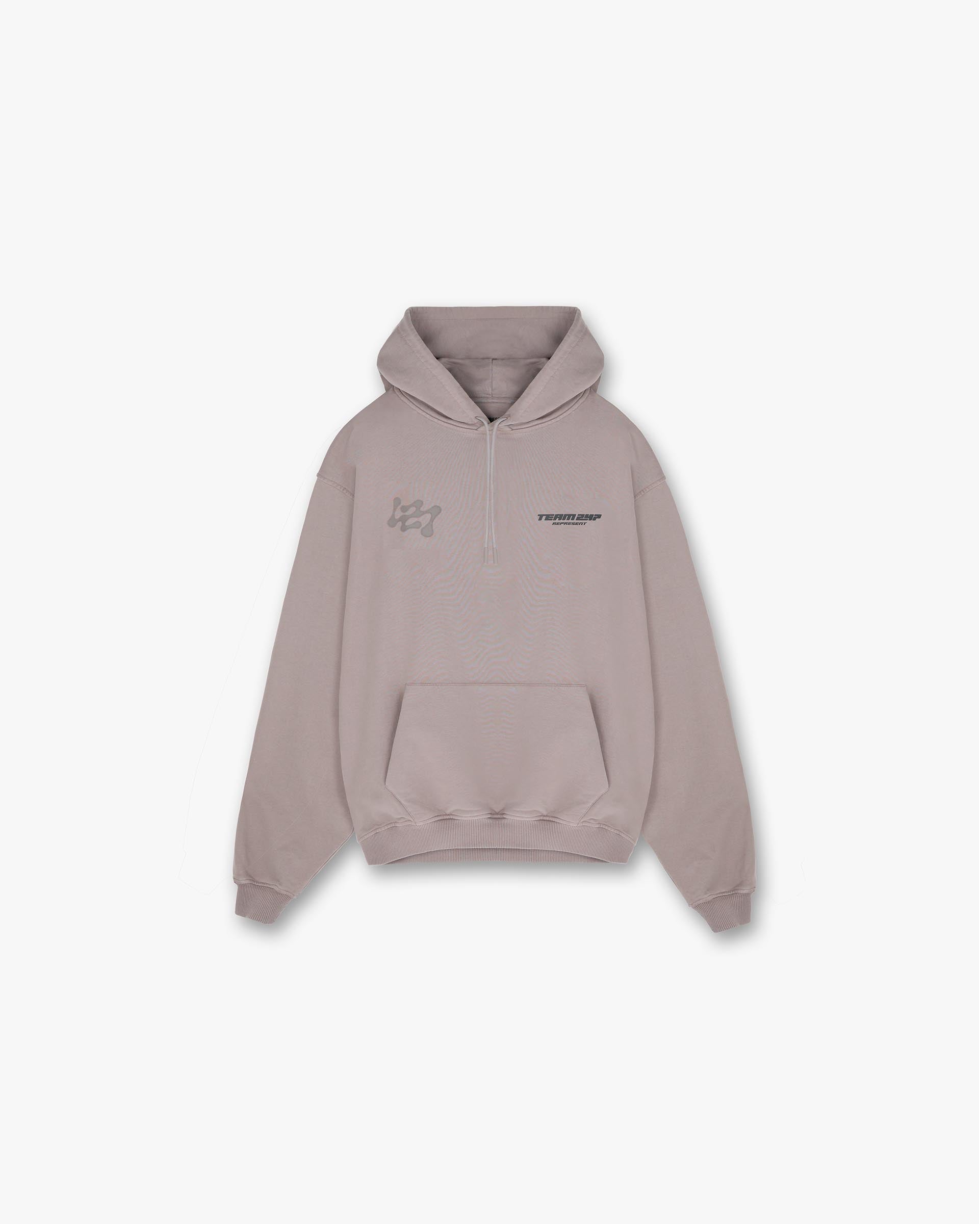 Front product image of a mens grey oversized hoodie on a plain white background | 247 Future Terrains Oversized Hoodie in Moonrock | Oversized hoodie with subtle peached finish | 247 Hoodies | Represent Clo