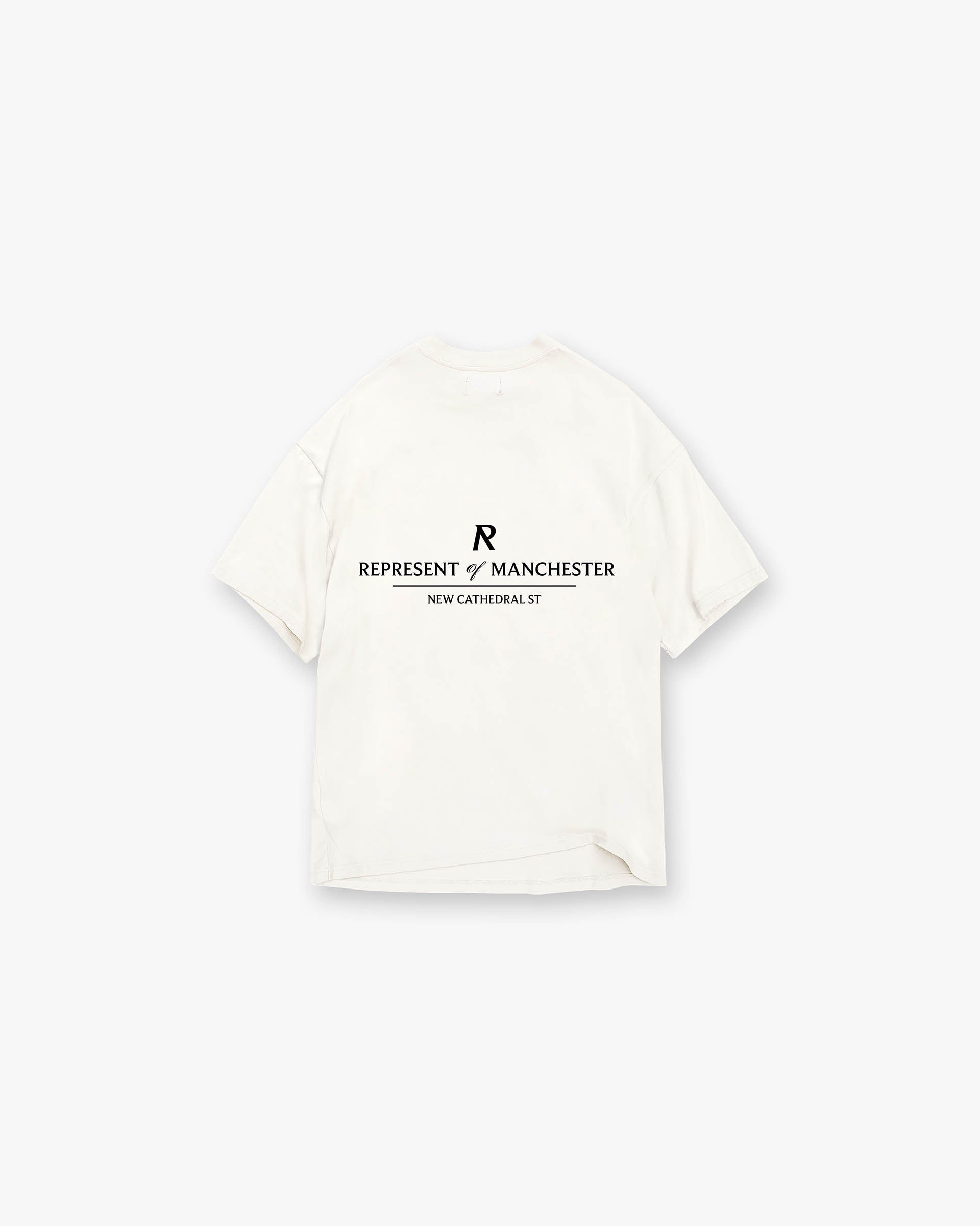 Back product image of a mens white t-shirt on a plain white background | Manchester Store T-Shirt in Flat White | Slightly oversized t-shirt with screen print | Exclusives T-Shirts | Represent Clo