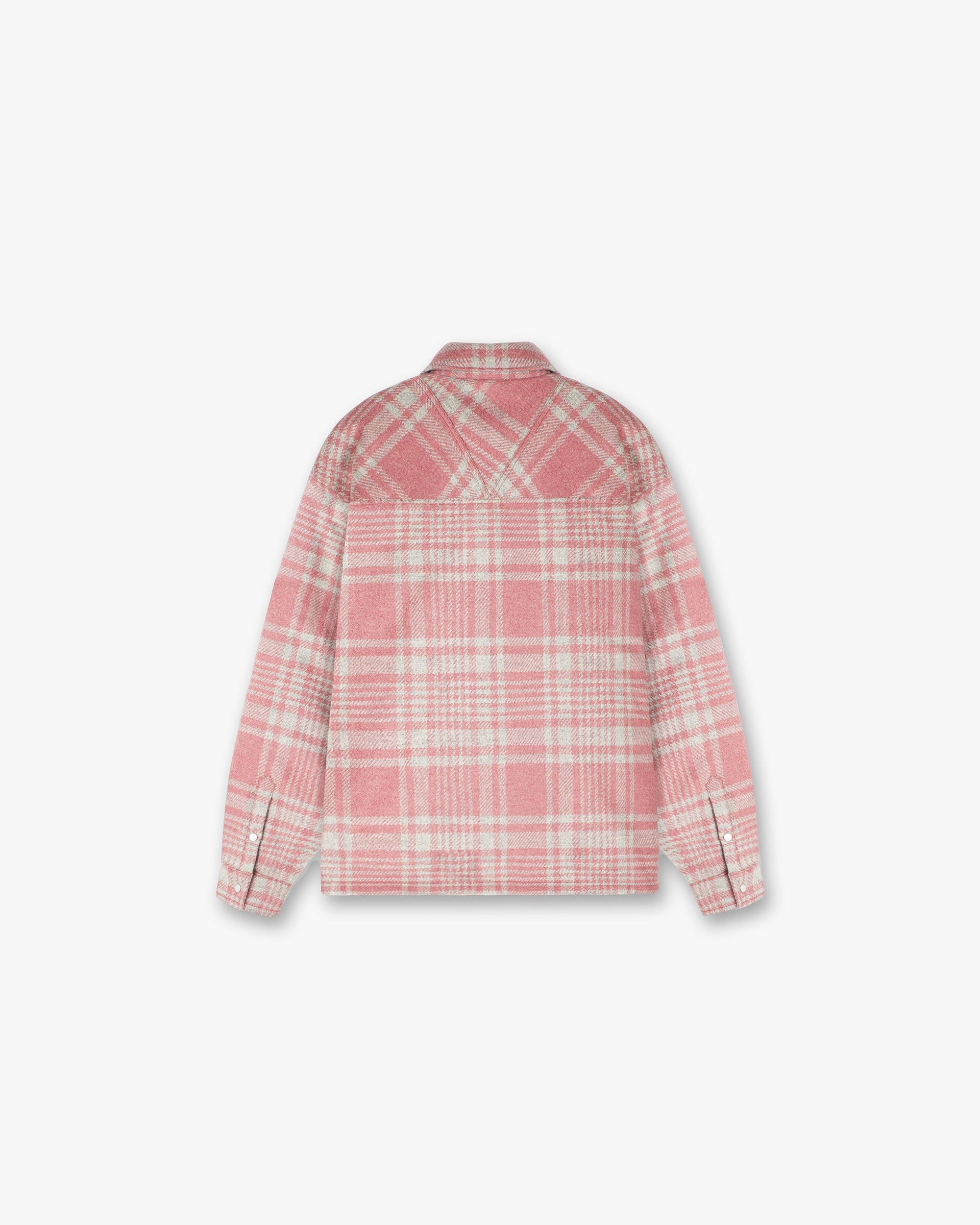 Back product image of a mens pink and grey checked shirt on a plain white background | Quilted Flannel Shirt in Pink Grey Check | Quilted flannel shirt with patch zip pockets and split hem | PRE SS24 Shirts | Represent Clo
