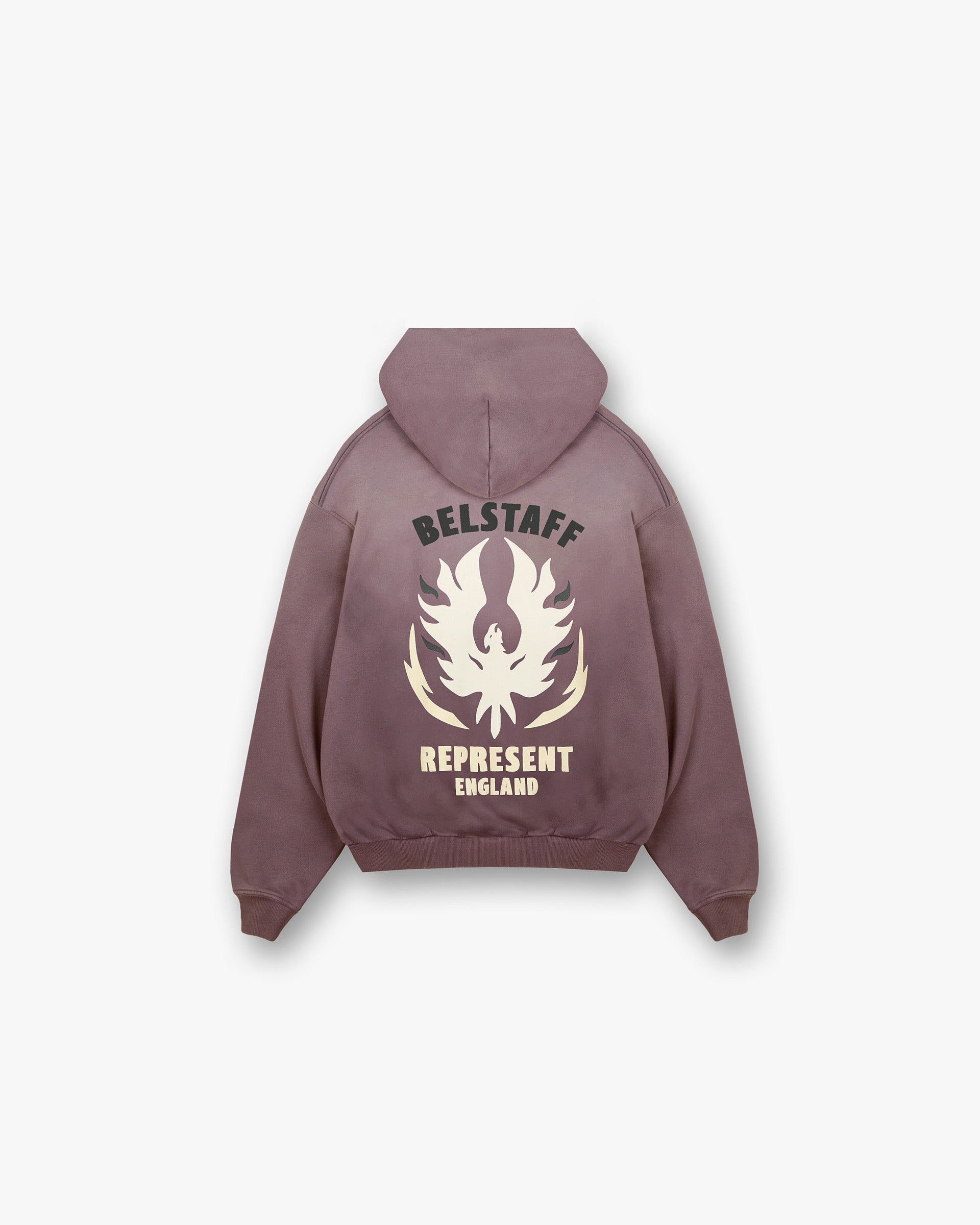 Back product image of a mens plum hoodie on a plain white background | Represent X Belstaff Flame Phoenix Hoodie in Plum | Oversized plum hoodie with stylised logos | Exclusives Hoodies | Represent Clo