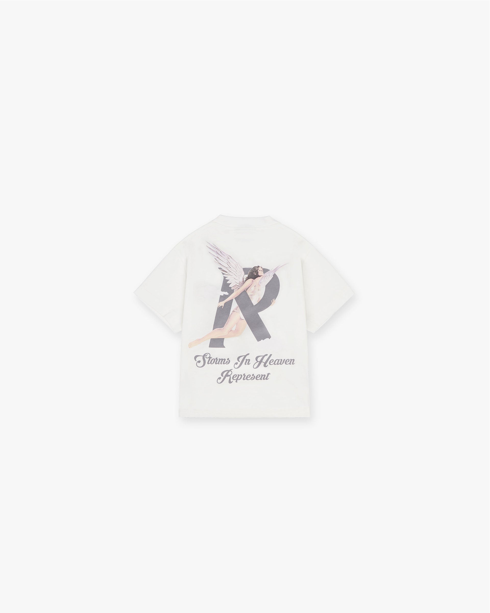 Back product image of a kids white t-shirt on a plain white background | Mini Storms In Heaven T-Shirt in Flat White | Slightly oversized t-shirt with graphic | Mini T-Shirts | Represent Clo
